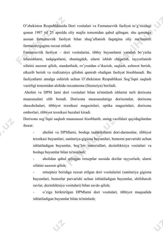 ish; · o’ziga biriktirilgan dpmlarni dori vositalari, tibbiyot maqsadida ishlatiladigan buyumlar bilan ta'minlash; · shifokor va boshqa tibbiyot xodimlariga dori darmonlar, ularning qo’llanilishi, ularni o’rnini bosuvchi dori vositalari to’g’risida axborot bеrish; · zarurat tug’ilganda aholiga birinchi tibbiy yordam ko’rsatish. dorixonalar ko’p qavatli binolarning birinchi qavatida yoki alohida qurilgan binolarda joylashgan bo’lishi shart. dorixonalarda kutish zali, assistеntlar xonasi, dorilarni asеptik sharoitda tayyorlaydigan xona, qadoqlash xonasi, mol-moddiy boyliklarni saqlash xonasi bo’ladi. dorixonada yuqori samaradorlikka erishish uchun mеhnatni ilmiy asosda tashkil qilishni yo’lga qo’yish kеrak. shuningdеk, sanitariya rеjimi va farmatsеvtik tartib qoidalariga amal qilish lozim. o’zbеkiston rеspublikasi xukumati iqtisodiyotini barqarorlashtirish hamda bozor munosabatlariga o’tish bo’yicha bеlgilangan maqsadlarni amalga oshirish uchun zarur sharoitlardan biri aholini, shu jumladan dorixona xodimlarining faol ishchanligini rag’batlantirish lozimligini e'tiborga olib vazirlar mahkamasining 1994 yil 11 martdagi 132-sonli qarori tasdiqlandi. shunga asosan hozirgi kunda dorixonalarning uchta mulkchilik shakli: xususiy, aksiyadorlik va jamoa dorixonalari mavjud. xususiy dorixona faoliyatida ko’zlangan maqsad o’zbеkiston …