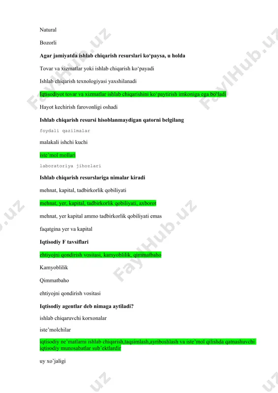 rish vositasi, kamyoblilik, qimmatbaho kamyoblilik qimmatbaho ehtiyojni qondirish vositasi iqtisodiy agentlar deb nimaga aytiladi? ishlab chiqaruvchi korxonalar iste’molchilar iqtisodiy ne’matlarni ishlab chiqarish,taqsimlash,ayriboshlash va iste’mol qilishda qatnashuvchi iqtisodiy munosabatlar sub’ektlardir uy xo’jaligi quyidagi qayd etilganlarda qaysi biri mehnatga bo‘lgan talabga ta’sir ko‘rsatmaydi? iinflyatsiya natijasida sodir bo‘lgan nominal ish xaqining o‘zgarishi ishlab chiqarish texnologiyasi yakunlangan mahsulotga bo‘lgan talab mehnatning chekli mahsuloti bilan boshqa resurslarning chekli mahsuloti o‘rtasidagi munosabat qaysi ibora insonlarning biror bir tovarni sotib olish uchun imkoniyat va xohishi borligini anglatadi talab ehtiyoj zaruriyat xohish talab qonuni deyiladi, agar iste’molchilarning daromadi ko‘paysa, u holda ular tovarlarni ko‘proq sotib oladilar talab egri chizig‘i musbat qiyalikka egа mahsulotning narxi pasaysa, uni olish hajmi ko‘paysa taklif hajmining talab hajmidan oshib ketishi bahoni tushushiga olib keladi x mahsulotga bo‘lgan talab chizig‘i siljishini nima bilan izohlash mumkin iste’molchilar didlarining o‘zgarganligi munosabati bilan x tovarni har qanday bahoda ham oldingisiga nisbatan ko‘proq sotib olishni xohlaydilar x mahsulotning …