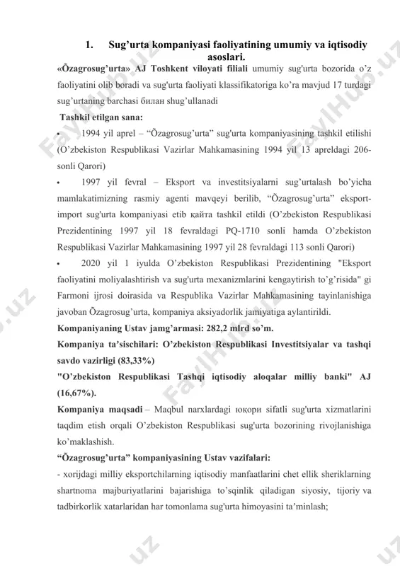 jiy, mahalliy davlat va xususiy sug'urta tashkilotlari, qo’shma sug'urta faoliyati va qayta sug'urta operatsiyalari bilan bevosita hamkorlikni rivojlantirish. kompaniyaning ish tartibi: dushanbadan jumagacha, soat 9:00 dan 18:00 gacha. shanba, yakshanba - dam olish kunlari. kompaniya infratuzilmasi: markaziy apparat; hududiy filiallar: · toshkent shahri, viloyatlar va qoraqalpog’iston respublikasida 14 ta filial; · 200 dan ortiq tuman bo’limlari, ulardan 26 ta shahar bo’limlari; · 800 nafardan ortiq sug'urta agentlari. qo’shma va maxsuslashtirilgan shoʻba korxonalari: «õzagrosug’urta interneshnl» qo’shma kompaniyasi o’zbekiston respublikasiga jalb qilinadigan xorijiy investitsiyalarni siyosiy qaltisliklardan sug’urtalash bo’yicha kompaniya «õzagrosug’urta assistans» mchj tibbiy va yuridik assistans xizmati «õzagrosug’urta sarmoyalari» unitar korxonasi investitsiya faoliyati «õzagrosug’urta hayot» masʼuliyati cheklangan jamiyati sug'urta kompaniyasi hayot sug’urtasi bo’yicha shoʻba kompaniyasi ustunliklari va rivojlanish istiqbollari: “õzagrosug’urta” so’nggi bir necha yil ichida sug'urta mukofotlari yig’ish bo’yicha yurtimiz sugurta kompaniyalari orasida reytingning eng yuqori pog’onalarini egallab kelayotgan etakchi sug'urta kompaniyasi hisoblanadi. 2016 yilda “õzagrosug’urta” o’zbekiston korxonalari orasida birinchi bo’lib қайта …