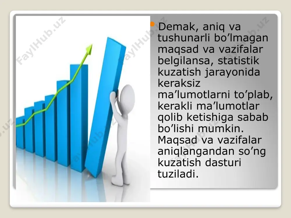 sh imkoniyatini aniqlash kerak. tsenzurani kuzatish usulini qo'llashda asosiy e'tiborni ishlatiladigan statistik asosning sifatiga - uning dolzarbligiga va o'rganilayotgan populyatsiyani to'liq qamrab olishga qaratish lozim. agar qiziqish belgisi bo'yicha dolzarb ma'lumotlar mavjud bo'lsa (yoki kuzatuv birliklari bilan bog'liq bo'lsa, masalan, aholini ro'yxatga olish ma'lumotlari, cheklangan miqdordagi kuzatuv birliklari ma'lumotlari (masalan, eng katta birliklarning 10%) asosida hisoblangan so'rovning asosiy qiziqish ko'rsatkichlarini baholashda xato bo'lishi mumkin. ahamiyatsiz yoki osongina kuzatilmaydigan o'rganilayotgan populyatsiyaning bir qismi. bunday holda, cenzdan foydalanish oqlanadi. agar tsenzuradan foydalanish maqsadga muvofiq bo'lmasa, unda uslubiy jihatdan murakkab echimni - tanlangan usulni qo'llash imkoniyatini ishlab chiqish kerak. avvalo, namuna turini aniqlash talab qilinadi. agar so'rov tashkilotchisi, so'rovning maqsadi va vazifalariga asoslanib, aql bovar qilmaydigan namunani qo'llasa, ya'ni.ekspert sifatida (ob'ektiv yoki yo'q) kuzatuv birliklarini tanlab olingan populyatsiyaga kiritsa, u hisoblash usuli va yakuniy natijalarning sifati uchun javobgarlikni o'z zimmasiga oladi, uning miqdoriy tavsifi qiyin. ehtimollik namunasidan foydalanish to'g'risida qaror qabul qilishda ushbu …