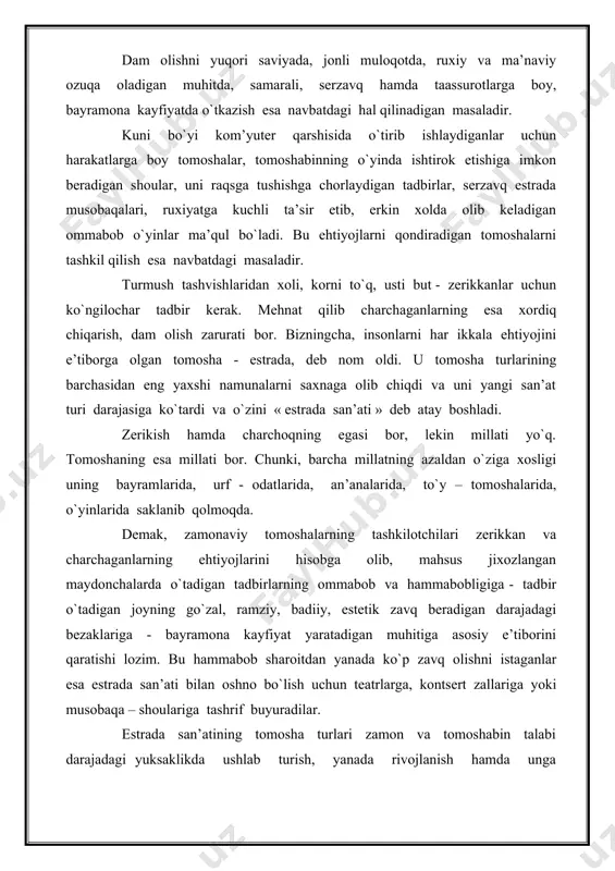 yo'nalishlar bilan va estrada yulduzi botir zokirov ijodi bilan tanishish. i bob. xx asr musiqiy estradasi va milliy qo‘shiqchilik 1.1o’zbek milliy estrada tarixini o’rganish – o’quvchilar bilimini oshirish omili sifatida. ma'lumki. xx asr o‘zbek musiqa san'atida keskin yangilanishlardavri bo‘ldi, «noan’anaviy» bastakorlik ijodiyoti hamda yangikonsert shakllari yuzaga keldi. shu munosabat hilan musiqiymadaniyatga ham «estrada» tushunchasi kirib keldi.dastlabki paytlarda uning qo’llanish doirasi nihoyatda keng bo’ganligi hilan tavsiflanadi. bu xususda o.bekovning quyidagifikr-mulohazalari e'tiborlidir: «yorqin, rang-barang, keskin o‘zgarishlar asosida tuzilgan, ammo o’zaro bog‘lanmagan.estrada konserti amalda barcha badiiy ijodiyotning nazm va musiqadanto sirkgacha qariyb barcha turlari namunalarini o‘z komiga tortaolishga «qodir» ekanligini namoyon etdi. va nihoyat, filarmonik konsert va teatr spektaklaridan farqli o'laroq, tomoshabin vaartisllar orasidagi o'ziga xos muloqot, yengil bog'liqlik kabisifatlar estrada san ’ati ijrochilik tabiatining asosiga aylandi. shujumladan, tomosha jarayonida tinglovchi bilan doimiy, bevositabog'liq bo'lish holati o'ziga xos konferans kabi estrada janriningyuzaga chiqishiga ham sabab bo‘ldi». muallif «estrada» atamasinisahnaviy san’at kesimida talqin etarkan, …