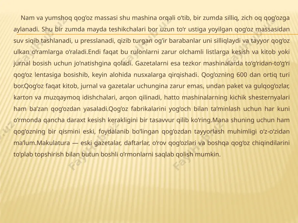 og‘ozga ishlov berishning eng oddiy usullari sifatida qog‘ozni o‘rtasidan buklab va to‘rtburchak qilib buklash (uzunasiga va ko‘ndalangiga). 3. ingichka qog‘oz parchalarini to‘g‘rilash, bukilgan joylarini ikki tomonidan buklash. 4.45-90 gradus burchak qilib buklash. 5. qog‘ozni buklab belgilangan chiziq bo‘yicha qaychi bilan qirqish, asbobni ushlash, xavfsizlik choralarini qo‘llash. 6. qog‘ozni andoza bo'yicha belgilash. qalam bilan chiziq bo‘yicha oddiy belgilash. 7. qaychi bilan kvadratlar, turli burchaklar, uchburchaklar, doiralar qirqish. 8. qaychi bilan murakkabroq shakllar. barglar, qo‘ziqorinlar, meva- larni qirqish. 9. qog‘ozdan qirqilgan applikatsiya detallariga yelim surtish usul­ lari. 10. applikatsiya detallarini yelimlab yopishtirish. tayyor mahsu- lotlarni quritish. 11. qog'ozning yelim surtiladigan qismlarini oldindan ko'chirib buyum detallarini bir-biriga yopishtirish. 12. turli o‘yinchoqlarni kvadrat asos va to‘g‘ri burchak asosida bukib yasash. 13. daftar, kitoblarni muqovalash. 14. qog‘ozni buklash va turli shakllar yasash. o‘quvchilar ishlov berilayotgan materiallaming xususiyatlarini hisobga olib, ish usullaridan ongli foydalanishlari, texnologiya darslari jarayonida fan asoslarini o‘rganish, vaqtida egallagan bilimlarini qo‘llashlari lozim. birinchi …