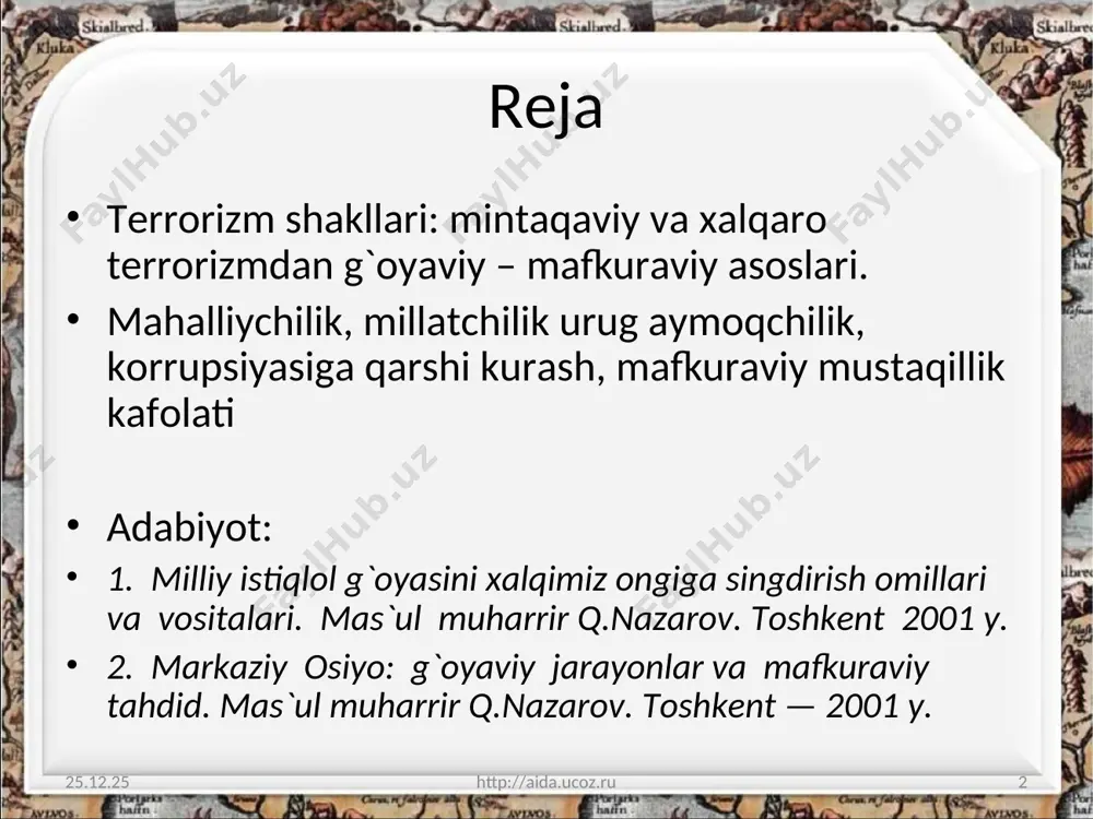 da kishilarimizda yot va zararli g`oyalarga qarshi kurashish uchun mafkuraviy immunitetni shakllantirish zarur. albatta, mafkuraviy immunitetni shakllantirish kishilar ongiga bir xil g`oyani zo`r berib tiqishtirish emas, balki odamlarda oqqorani ajratish, zararli g`oyalarga qarshi hushyor va ogoh bo`lish xususiyatlarini tarbiyalash demakdir. 2004 yilning 29-30 mart va 1 aprel kunlari mamlakatimizda sodir etilgan mudhish terrorchilik harakatlari to’g’risida so’z yuritar ekan, i.a.karimov yuqorida zikr etilgan masalalarga alohida to’xtalib o’tdi. yurtboshimiz hozirgi vaqtda terrorizmning tajovuzidan o’zini xoli his qiladigan birorta qit’a yoki davlatning o’zi yo’qligini, bizning yurtimizda ro’y bergan qo’poruvchilik holatlari ana shu xalqaro terrorchilik harakatlari bilan bevosita bog’liqligini qayd etdi. milliy istiqlol g`oyasi xalq farovonligi, yurt tinchligi, vatan ravnaqi, ijtimoiy hamkorlik millatlararo totuvlik dinlararo bag`rikenglik komillikka tayanar ekan, ana shu g`oyalarga qarshi qaratilgan xatti-harakatlar tashqi va ichki tahdidlarning oldini oladi. tashqi tahdidlar o`zbekistonning davlat chegarasidan tashqaridan kirib keluvchi, ichki tahdidlar esa o`zbekiston davlati, mamlakatning ichidan chiqayotgan tahdidlardir. ichki tahdidlar ichki tahdidlar — o`z …