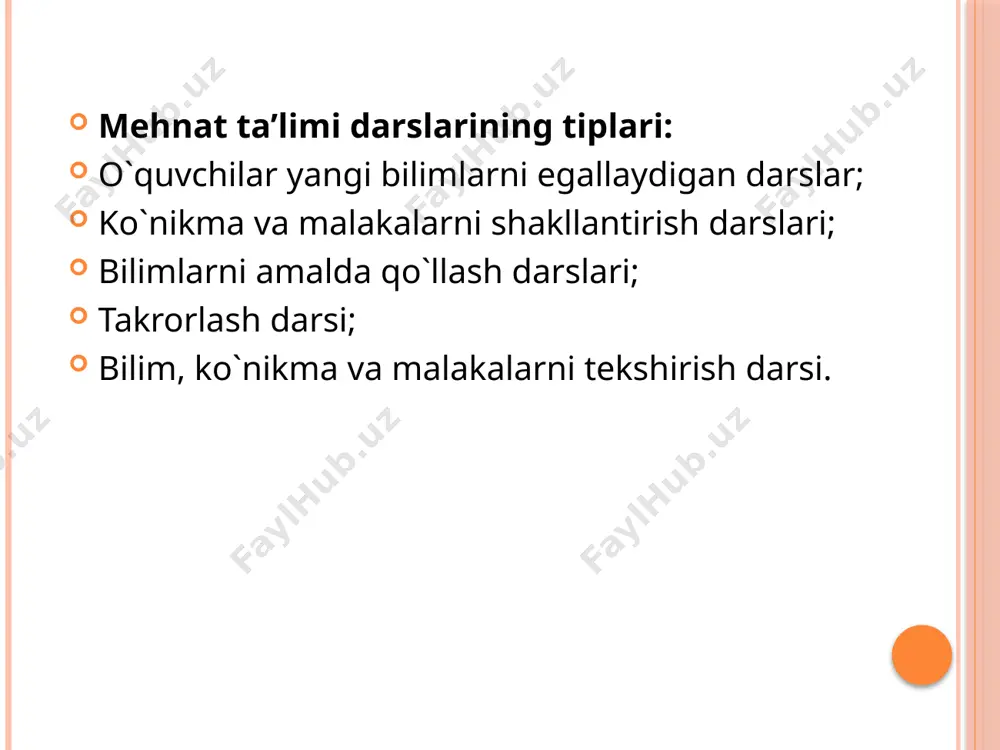 oladi. suhbat. suhbat ta‘limning keng tarqalgan usuli. bu usul savol-javob usuli deb ham yuritiladi. suhbatning to’rt xil turi mavjud bo’lib, ular: yangi bilimlar berishda, bilimlarni mustahkamlashda, olingan bilimlarni tekshirishda, o’tilgan materiallarni takrorlashda qo’llanadigan suhbatlardir. o’quv materiallarini tushuntirish - o’qituvchi tomonidan o’tilayotgan mavzuning mazmunini xarakterlaydigan tushuncha, ta‘rif, qonun va qoidalarni uqtirishdir. 14 ta‘lim jarayonida ko’rgazmalilik usuli namoyish etish, illyustratsiya va ekskursiya tariqasida olib boriladi. o’qitishda namoyish etish usulidan foydalanish materiallarning xarakteriga – mazmuni, shakli va hajmiga bog’liqdir. o’qitish jarayonida ko’rgazmalilik usulidan foydalanishning muhimligi o’qituvchining o’rganilayotgan narsa va hodisalarni hissiy idrok etishga, ularni kuzatib mushohada qilishga o’quvchini undash, mantiqiy va nazariy elementlarning birligiga ishonch hosil qilishga, shuningdek, nazariy bilimlarni amaliyotda qo’llay olishga o’rgata bilishi bilan izohlanadi. ta‘limning ko’rgazmali metodlari. ko’rgazmali materiallar xarakter e‘tiboriga ko’ra 2 turda bo’ladi: 1. aslicha ko’rsatilishi mumkin bo’lgan buyum va narsalar: o’simliklar, hayvonlar, ma‘danlar, kollektsiyalar, asbob va mashinalar, modellar va h.k. 2. tasviriy-ko’rgazmali materiallar: buyum, narsa va hodisalarning …