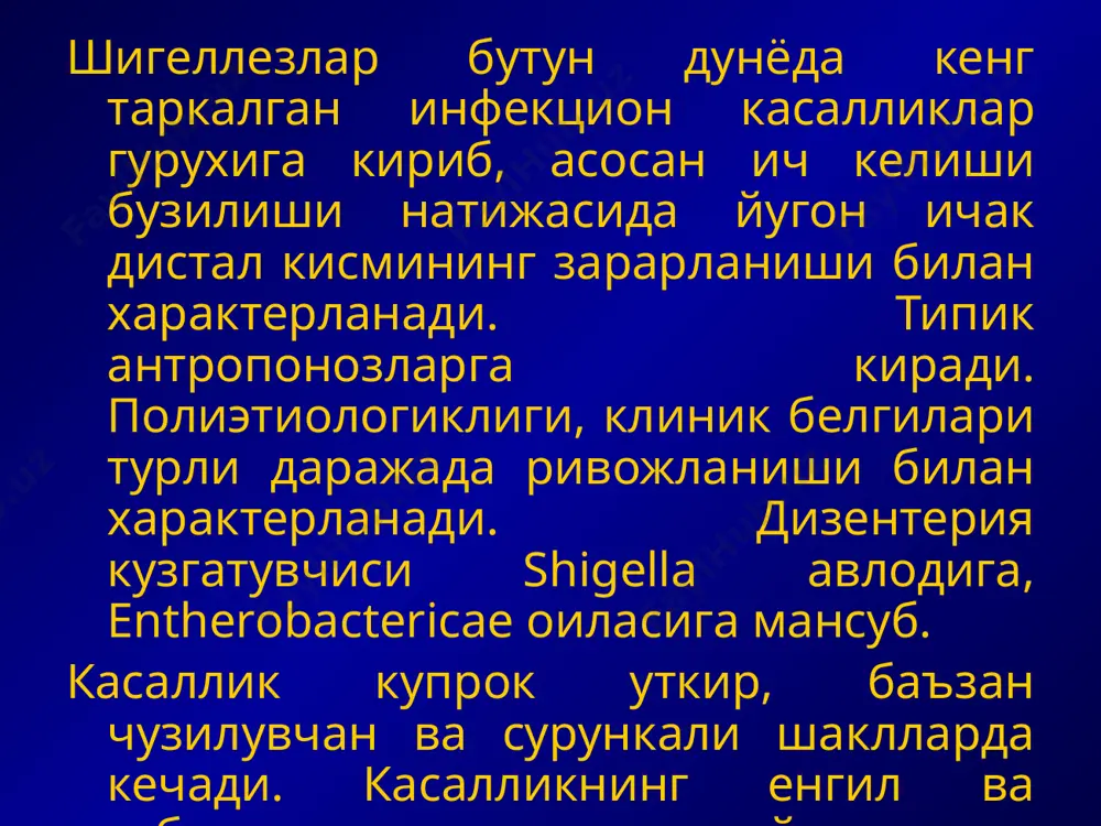 влик, резистентлик ва бошкалар)га боглик булади. шигеллаларнинг хужайра ичига инвазияси катта ахамиятга эга. уларнинг эпителий билан узаро таъсирида адгезия фазаси кузатилади, бу эса куп омилли характерга эга ва бир неча боскичларни уз ичига олади. i. 1)ингичка ичак фазаси 2)йугон ичак фазаси ii. ингичка ичакда шигеллалар улиши сабабли эндотоксин ажралиши кузатилади (лпс - комплекс), уларнинг адсорбцияси интоксикация синдромини чакиради. iii. йугон ичакда шигеллалар билан шиллик кават уртасидаги узаро таъсир бир неча боскичда кечади: 1. шигеллаларнинг ташки мембрана оксиллари колоноцитлар плазматик мембрана рецепторлари билан узаро таъсири натижасида адгезияни, кейинчалик кузгатувчини шиллик ости каватининг эпителиал хужайраларига инвазиясини келиб чикаради. 2. шигеллалар хужайраларда купаяди. 3. гемолизин ажратади, бу эса яллигланиш жараёни ривожланишига олиб келади. 4. яллигланиш шигеллалар томонидан ишлаб чикариладиган цитотоксик энтеротоксин оркали бошкарилади 5. шигеллалар нобуд булгандан кейин лпс – комплекс ажралади, у эса умумий токсик жараёнларни катализ килади. 6. микроциркулятор жараёнлар бузилади, бунинг натижасида йугон ичак деструкцияси ва сероз шиш пайдо булади …