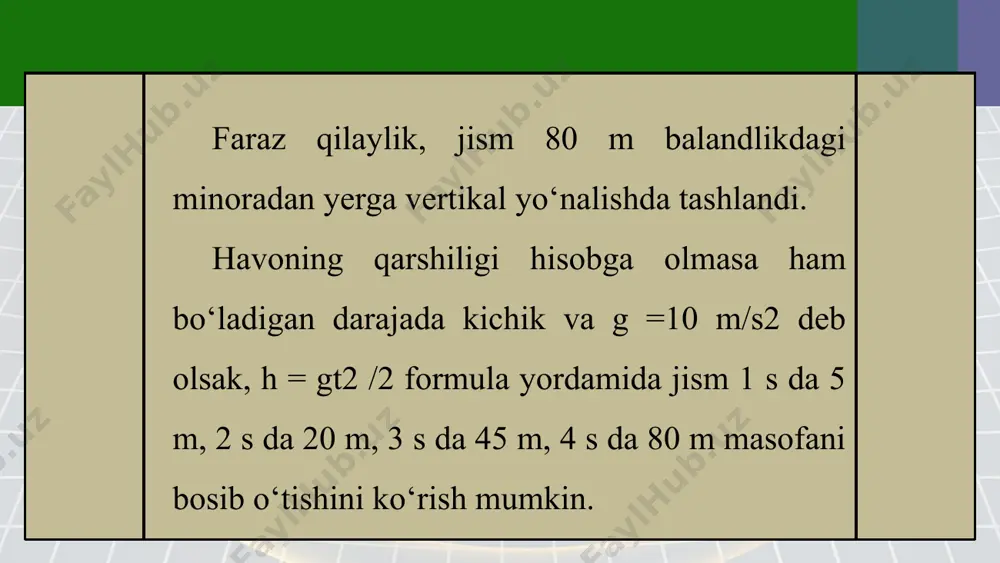 qiymati r dan juda kichik bo‘lganida gorizontal otilgan jism yer sharini υ1 tezlik bilan aylansa, a o‘rniga g erkin tushish tezlanishini olish mumkin. u holda: erkin tushish tezlanishi g = 9,8 m/s2 va yer sharining radiusi r = 6,4·106 m ekanligidan, (3) formuladagi tezlik υ1 ni aniqlash mumkin: yer sirti yaqinida gorizontal yo‘nalish bo‘yicha 7,9 km/s tezlikda otilgan jism yer shari atrofida aylana bo‘ylab harakatlanadi. tezlikning bu qiymati birinchi kosmik tezlik deb ataladi. image2.jpeg image3.png image4.png image5.png image6.png image7.png image8.png image9.png image10.png image11.png image12.png image13.png image1.jpeg /docprops/thumbnail.jpeg