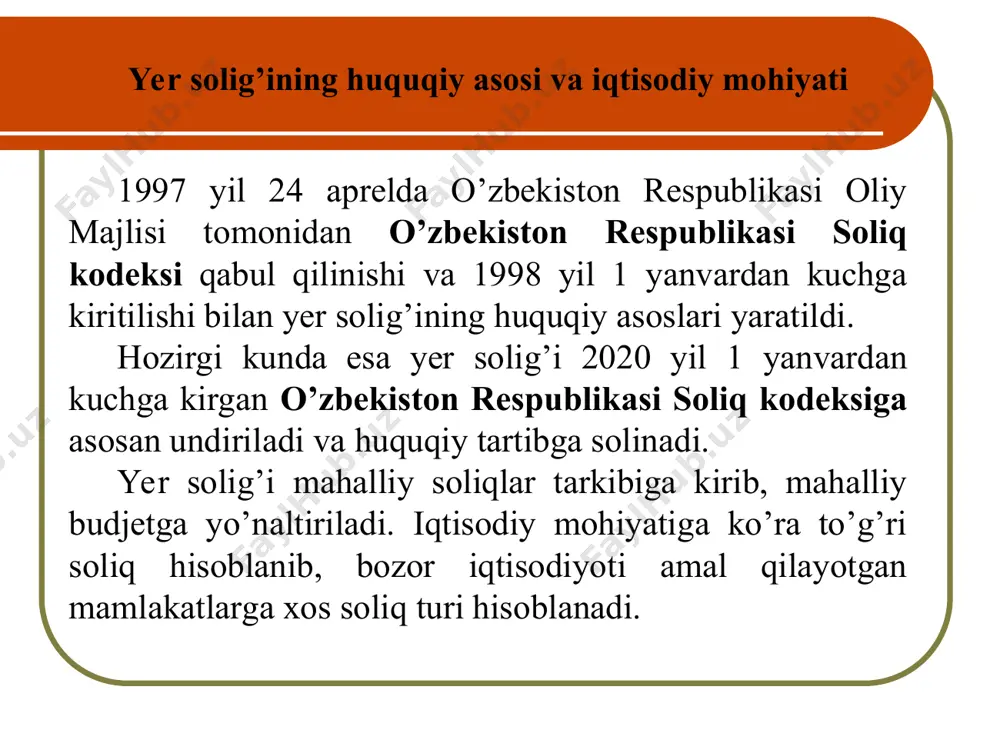 iga mo‘ljallanmagan yerlar bo‘yicha - kodeksning 428-moddasi ikkinchi qismiga muvofiq soliq solinmaydigan yer uchastkalari maydonlari chegirib tashlangan holda, qishloq xo‘jaligiga mo‘ljallanmagan yer uchastkasining umumiy maydoni; yer solig‘i solinadigan baza (427-modda) 2) qishloq xo‘jaligiga mo‘ljallangan yerlar bo‘yicha - kodeksning 428-moddasi ikkinchi qismiga muvofiq soliq solinmaydigan yer uchastkalari chegirib tashlangan holda, yer uchastkalarining qonun hujjatlariga muvofiq aniqlangan normativ qiymati. qayta tiklanadigan manbalardan energiya ishlab chiqaruvchilar qayta tiklanadigan energiya manbalari (nominal quvvati 0,1 mvt va ko‘proq) uskunalari egallagan yer uchastkalari bo‘yicha ular ishga tushirilgan paytdan e’tiboran o‘n yil muddatga soliqdan ozod etiladi. yer solig‘idan taqdim etilgan imtiyozlarni guruhlash (428-modda) soliq solinmaydigan yer uchastkalari jumlasiga quyidagi yerlar kiradi: madaniyat, ta’lim, sog‘liqni saqlash (bundan turistik zonalarda joylashgan sanatoriy-kurort ob’ektlari band qilgan yerlar mustasno) va ijtimoiy ta’minot ob’ektlari egallagan yerlar; sport va jismoniy tarbiya-sog‘lomlashtirish majmualari, o‘quv-mashq bazalari va bolalar-sog‘lomlashtirish oromgohlari egallagan yerlar; shahar elektr transporti yo‘llari va metropoliten liniyalari, shu jumladan jamoat transporti bekatlari va metropoliten …