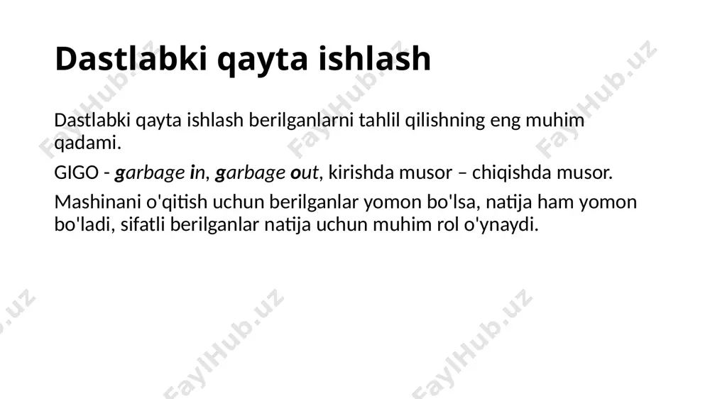 tashqi kalitlar to'g'riligi regulyar ifodaga moslik, masalan, telefon nomer uchun (999) 999–9999 shablon maydonlararo tekshiruv, masalan, laborator tibbiyotda leykositlar differensial miqdori komponentlari yig'indisi 100 bo'lishi kerak, kasalxonadan ketish vaqti kelish vaqtidan oldin bo'lishi mumkin emas muammo “iflos” berilganlar sabablar alomat mumkin bo'lmagan qiymat tug'ilgan kun=32.09.2010 qiymat diapazon chegarasidan chiqqan yozuv alomatlar bog'liqligi buzilgan yosh=32, tug'ilgan sana=12.03.1960 ёш=айни сана-туғилган сана yozuv turi unikallikning buzilishi xodim1=(ism=axmad, inn=123456789) xodim2=(ism=salim, inn=123456789) inn unikal bo'lishi kerak manbaa havola butunligi buzilishi xodim=(ism=axmad, bo'lim=0) 0 nomerli bo'lim mavjud emas alomat o'tkazib yuborilgan qiymat tel. = qiymatni kiritishda mumkin bo'lmagan qiymat alomat orgografik xato shahar = toooshkent orfografik xato alomat qiymatlar birlashib ketishi ism = axmad 12.09.2000 toshkent alomatda bir nechta qiymat yozuv alomatlar bog'liqligi buzilgan shahar=toshkent, indeks=8000010 shahar va uning indeksi mos emas yozuv turi yozuvlar dublikati xodim1=(ism=axmad, inn=123456789) xodim1=(ism=axmad, inn=123456789) tizimning berilganlar ustida ishlash modulidagi xatolik yozuv turi yozuvlar zidligi xodim1=(ism=axmad, inn=123456789) xodim1=(ism=axmad, inn=987654321) bitta xodim …