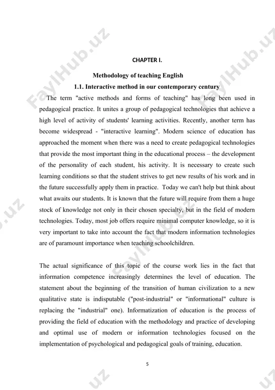 their time in the classroom and prepare assistants for the implementation of tasks in the classroom. the task of this work is to consider modern methods of interactive technologies for teaching russian language and literature. thus, the paper presents the essence of interactive technology and methods of using this technology in russian language and literature lessons. the use of interactive learning technologies is a real opportunity to fulfill modern requirements for updating the content and forms of education at school. here are examples of using various interactive exercises in russian language and literature lessons, exercises are a way to create a creative atmosphere in the classroom, they make it possible to fully implement personality–oriented learning. the paper consistently proves that the use of interactive technologies contributes to the improvement of reading and speech culture, the formation of skills of independent analysis of educational material and their own educational activities, the …