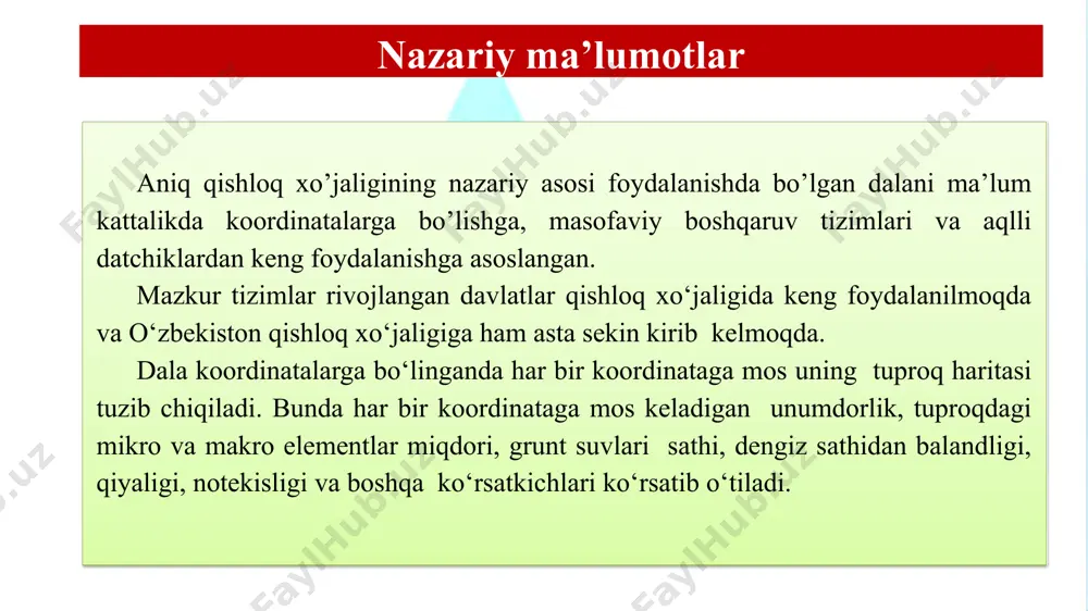 erilmay qolgan zonalarni to‘liq bartaraf etishga imkon berib, natijada urug‘lik material, o‘g‘it, kimyoviy dori vositasi va yonilg‘ini tejash imkonini beradi. mexanizator uchun ham tizimdan foydalanish juda qulaydir. bunda daladagi birinchi o‘tishni mexanizator qo‘l kuchi yordamida bajaradi. keyingi o‘tishda mexanizator tizimga agregatning qamrov kengligi, harakatning boshlanish va tugash nuqtalarini ko‘rsatadi. qolganini esa tizim avtomatik tarzda agregat qamrov kengligiga mos ravishda yo‘nalish ko‘rsatkich ko‘rsatib berayotgan chiziq bo‘ylab oldingi harakat trayektoriyasiga nisbatan parallel harakatni ta’minlab beradi. texnikalarni boshqarayotgan operatorlarning jismoniy toliqishi va ruhiy zo‘riqishini kamaytiradi, ko‘rish qiyin sharoitda va tungi vaqtda ham aniq bajarish imkonini beradi, qishloq xo‘jaligidagi texnologik jarayonlar tezroq bajariladi. urug’lik material, o’g’it, kimyoviy dori vositasi va yonilg’i tejalishi hisobiga tizim resurstejamkor hisoblanadi. 1992 yilda yevropa ittifoqi davlatlari qishloq xo‘jaligi texnikalarini avtomatlashtirish va kompyuterlashtirish yo‘nalishida istiqbolli yo‘nalishlarni tezkor moliyalashtirish dasturini ishlab chiqishgan va qabul qilishgan. natijada yevropa davlatlari yuqori aniqlikda ishlaydigan qishloq xo‘jalik texnikalarini yaratish bo‘yicha aqsh va kanadadan ham o‘tib …