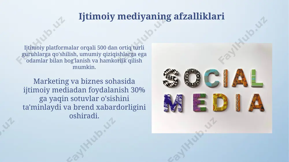 % dan ortiq saylovchilar ijtimoiy media orqali siyosiy yangiliklarni olishgan, bu esa platformalarning axborot tarqalishidagi kuchini tasdiqlaydi. ijtimoiy mediadagi siyosiy reklama xarajatlari 2020 yilda dunyo bo'yicha 3,5 milliard dollarni tashkil etdi, bu esa siyosiy jarayonlarga ta'sirining o'sishini ko'rsatadi. ijtimoiy mediyaning kamchiliklari kiberxavfsizlik tahdidi, shaxsiy ma’lumotlarning oshkor boʻlishi va onlayn ta’qib qilish holatlari yiliga millionlab foydalanuvchilarni qamrab oladi, bu esa psixologik salomatlikka jiddiy zarar yetkazishi mumkin. soxtalashtirilgan ma’lumotlar va manipulyatsiya ijtimoiy tarmoqlarda keng tarqalgan boʻlib, taxminan 60% foydalanuvchilar yolgʻon xabarlarga duch kelishadi va bu ularning fikrlash tarziga salbiy ta’sir qiladi. ijtimoiy mediadagi yolg'on ma'lumotlar ijtimoiy mediada tarqalgan yolg'on ma'lumotlarning 60% dan ortig'i hissiy jihatdan ta'sirchan va odamlarning shaxsiy qarashlariga qaratilgan bo'lib, ularning ishonchliligini oshiradi. tadqiqotlar shuni ko'rsatadiki, ijtimoiy mediada yolg'on ma'lumotlarga duch kelgan foydalanuvchilarning 70% atrofida ularning manbasini tekshirmaydi, bu esa dezinformatsiyaning yanada keng tarqalishiga olib keladi. e'tiboringiz uchun rahmat @taqdimot_robot image4.png image5.jpg image6.jpg image7.jpg image8.jpg image9.jpg image10.jpg image11.jpg image12.jpg image13.jpg …