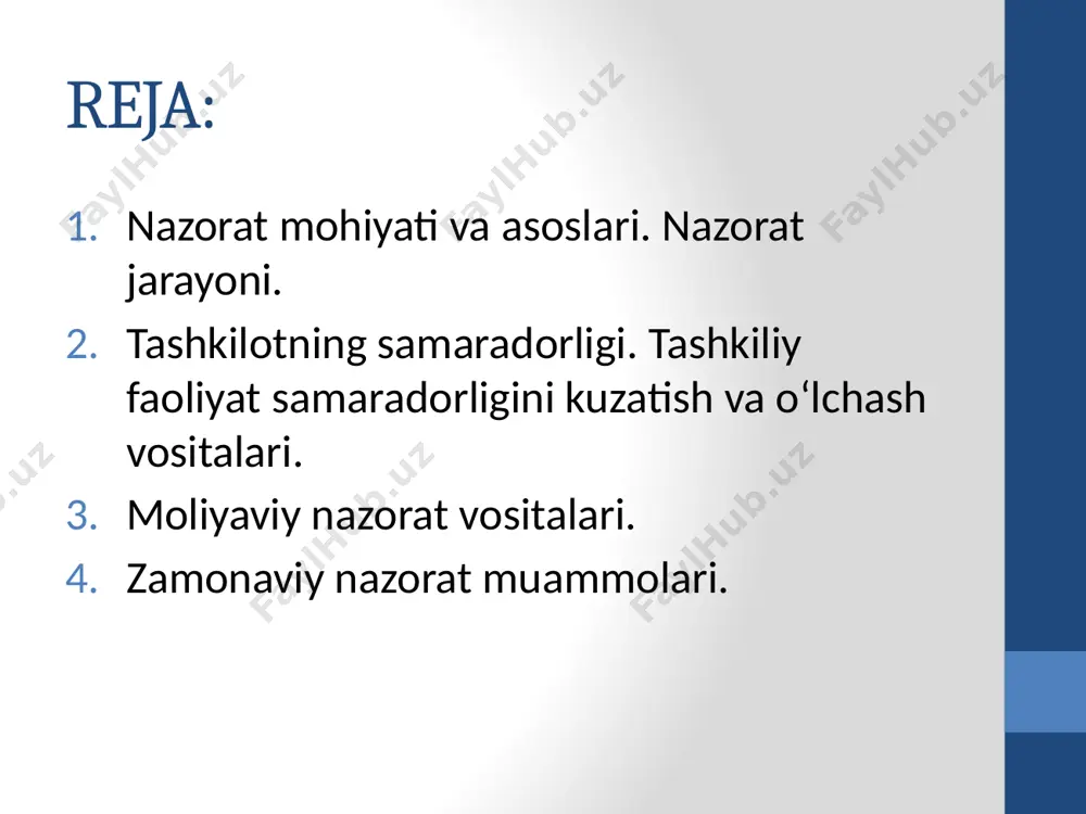 lgilash, ular bilan real natijalarni solishtirish, zarur tuzatish tadbirlarini amalga oshirish. har bir bosqich bir qator harakatlarni o'z ichiga oladi. 1.standartlarni o’rnatish standartlar - biznesdagi rivojlanish va taraqqiyot darajasini baholaydigan aniq maqsadlardir. ular rejalashtirish jarayonining natijasi bo'lib, tashkilotning ko'plab maqsadlari va strategiyalariga asoslanishi kerak. standart sifatida foydalaniladigan maqsadlar ikkita xususiyatga ega: vaqt chegarasi va ishni solishtirish mumkin bo'lgan o'ziga xos mezon, masalan, 1987 yilda 1 million dollar foyda. muayyan mezon (million dollar) va ma'lum bir davr (yil) samaradorlik ko'rsatkichlari deb ataladi. ular ko'zlangan maqsadlarga erishish uchun qanday natijaga erishish kerakligini aniq belgilab beradi, rahbariyatga bajarilgan ishni rejalashtirilgan ish bilan solishtirishga imkon beradi va muhim savollarga javob beradi: "o'z maqsadlariga erishish uchun nima qilish kerak?" va "yana nima qilish kerak?" masalan, birinchi olti oyda korxona foydasi bor-yo‘g‘i 400 ming dollarni tashkil etgani ma’lum bo‘lsa, ko‘zlangan maqsadni (yil oxirigacha million dollar foyda) amalga oshirish uchun mehnat unumdorligini jiddiy ravishda oshirish zarur. 2.haqiqiy …