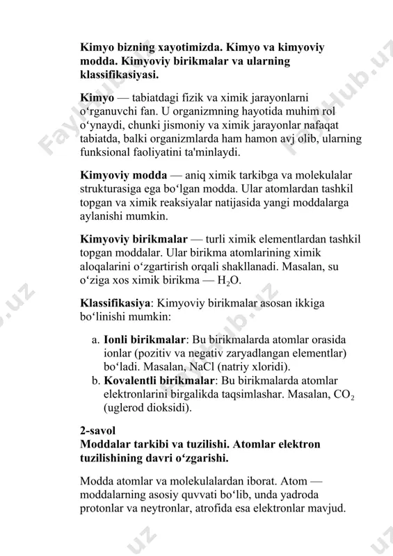 . 46. sirt xodisalariga asoslangan gibbs, freyndlix, lengmyur tenglamalari. 47. molekulyar va ionli adsobsiya. tanlab adsorbsiyalanish. 48. xromotografiya- tanlab adsorbsiyalanish va fizik-kimyoviy analiz usuli sifatida. 49. xromotografiya usullari va ularning tibbiyotdagi axamiyati. 50. dispers sistemalar va ular klassifikasiyasi. dispers faza va dispers muxit. 51. kolloid eritmalar, ularning olinish va tozalash usullari. 52. kolloid zarrachalar xossalari va tuzilishi. misella, potensial belgilovchi qavat, adsorbsion qavat va diffuzion qavat. 53. kolloid eritmalarning tozalash usullari. dializ va gemodializ. 54. kolloid eritmalarning molekulyar-kinetik va optik xossalari. 55. kaogulyasiya. kaogulyasiya metodlari. 56. kolloid eritmalarning barqarorligi. kolloid ximiya. 57. kolloid eritmalarning barqarorligini oshiruvchi yuqori molekulyar birikmalar. 58. kolloid eritmalarning biologik va tibbiy axamiyati. 59. yuqori molekulyar birikmalar xossalari. yuqori molekulyar birikmalar eritmalarining barqarorligi. 60. yuqori molekulyar birikmalar eritmalarining oʻxshashligi. qonda yuqori molekulyar birikmalar eritmalarining ta'siri. 1-savol kimyo bizning xayotimizda. kimyo va kimyoviy modda. kimyoviy birikmalar va ularning klassifikasiyasi. kimyo — tabiatdagi fizik va ximik jarayonlarni oʻrganuvchi fan. …
