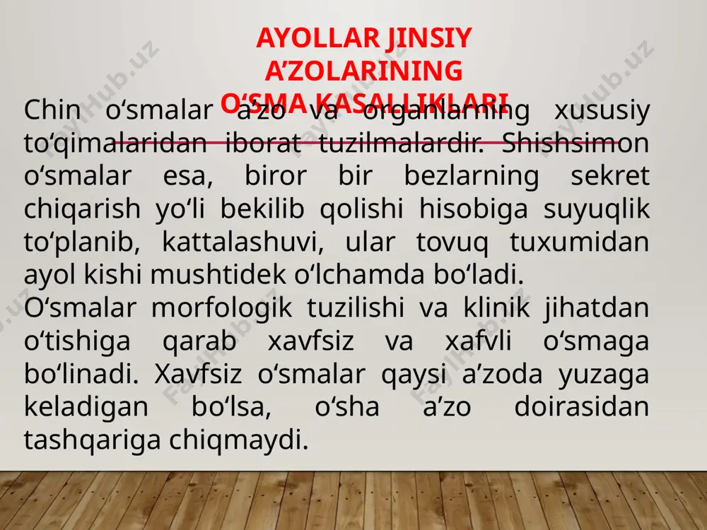 ya’ni giðotalamusgiðofiz- buyrakusti bezi, tuxumdonlar orasidagi munosabatning biron-bir qismining shikastlanishi hamda bachadondagi o‘zgarishlar natijasida, xususan, miometriyning giðerplaziyasi tufayli vujudga kelishi mumkin. k l i n i k a s i. ayrim hollarda bachadon miomasi hech qanday belgilarsiz kechadi, ayollarda shikoyatlar bo‘lmaydi, ammo profilaktika maqsadida ayol tekshirilganda aniqlanadi. 60–80% hollarda asosiy belgilardan biri bemorda qon ketishi hisoblanadi. qon ketishi alomatlari turli bemorlarda turlicha kechadi. ba’zilarida hayz sikli uzayishi yoki hayz vaqtida qon miqdorining biroz ko‘payishi – menorragiya kuzatilsa, ba’zilarda tartibsiz, juda ko‘p to‘xtovsiz qon ketib, og‘ir turdagi kamqonlik kasalligiga sabab bo‘lishi mumkin. hayz 10–12 kungacha davom etib, juda ko‘p miqdorda qon ketadi, bunga giðerpolimenoreya deyiladi. miomalarda ko‘p uchraydigan belgilardan yana biri og‘riqdir. og‘riq xuddi dard tutganga, sanchiqqa o‘xshash bo‘lib, ayniqsa hayz ko‘rishdan oldin va hayz ko‘rish vaqtida kuchayadi, pastga tortganga o‘xshab zo‘rayishi yallig‘lanishdan keyingi bitishmalar borligidan darak beradigan belgi hisoblanadi. d a v o s i. miomasi bo‘lgan hamma ayollar dastlab …