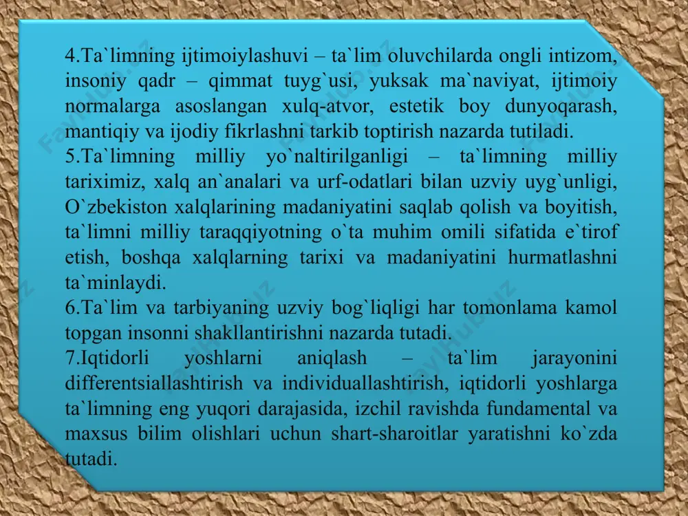 h amalga oshirishni; - loyihalashtirilgan ishlar, amallarning barchasini birdek bajarishni. bunday yondashuv asosan reproduktiv ta’limga xos bo’lib, reproduktiv ta’lim tipik vaziyatlarda biror ish-harakatni oldindan bashorat qilingan qoidalar asosida bajarishdir. reproduktiv daraja uchun pedagogik texnologiya usulida ta’lim takror ishlab chiqiladigan konveyrli jarayon sifatida tashkil etiladi, undan kutiladigan natija ham aniq belgilab qo’yiladi. ta’lim jarayonida demokratlashtirish texnologiyasidan foydalanish ta’lim-tarbiya jarayoniga qo'yilgan buyurtmalami bajarish, awalo, ta’lim jarayonini differensiallashtirish va individuallashtirish, pedagogik munosabatlarni insonparvarlashtirish va demokratlashtirish, ta’lim dasturlarini tanlashga yagona va tabaqalashtirilgan yondashuvni talab etadi. pedagogik munosabatlarni insonparvarlashtirish va demokratlashtirish texnologiyasi o ‘zida falsafa, psixologiya va pedagogikaning insonparvarlik g'oyalarini mujassamlashtiradi. ushbu texnologiya diqqat markazida o'z imkoniyatlarini maksimal darajada amaliyotga qo'llaydigan, ijodiy va ijtimoiy faol, turli hayotiy vaziyatlarni anglab tahlil qiladigan, mo'ljalni ongli ravishda mustaqil, to'g'ri oladigan shaxsni shakllantirish g'oyasi turadi. mazkur texnologiyaning asosiy jihati har bir shaxsda mavjud bo'lgan uning ehtiyoji, qiziqishi, iqtidori va imkoniyatlari asosida, shaxsda ijobiy fazilat va xislatlarni shakllantirish va rivojlantirish …