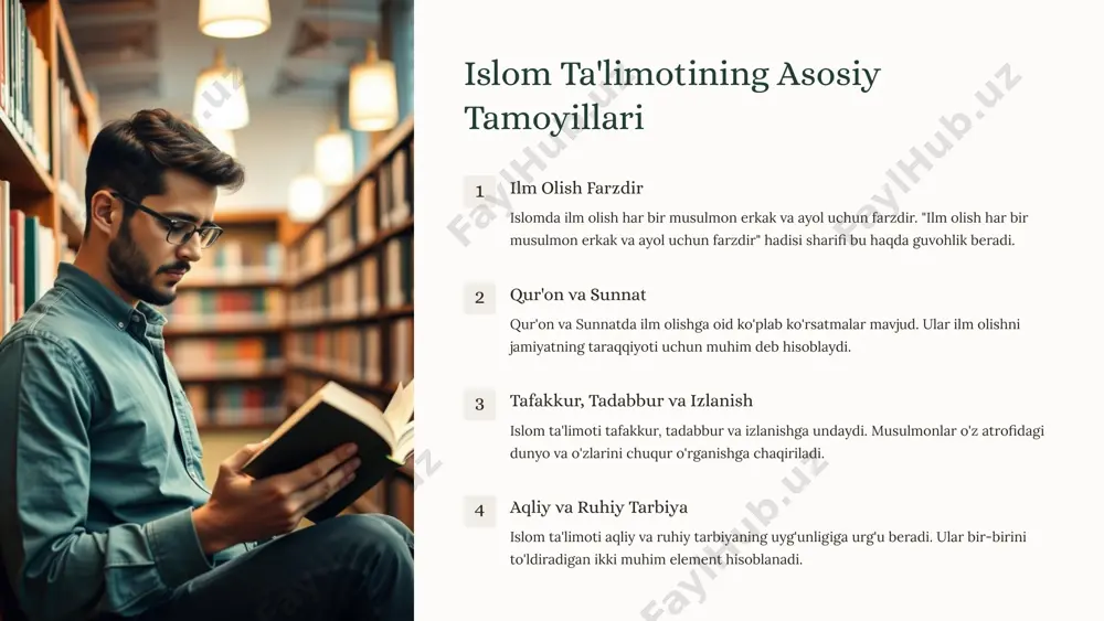 iya olish uchun ajoyib imkoniyatlar yaratgan. 1.7.2013 7 ‹#› mustaqillik davrida ta'lim sohasidagi islohotlar modernizatsiya va isloh o'zbekistonda mustaqillikdan so'ng ta'lim tizimini modernizatsiya qilish va isloh qilish bo'yicha keng ko'lamli ishlar amalga oshirildi. ma'naviy-axloqiy tarbiya islom ta'limoti ma'naviy-axloqiy tarbiyaning muhim manbai hisoblanadi. ular yosh avlodni insoniy fazilatlarga ega bo'lgan shaxslar qilib tarbiyalashga xizmat qiladi. prezident asarlari prezident asarlari ta'lim sohasiga oid muhim qarashlarni ifoda etadi. ular zamonaviy ta'lim tizimini rivojlantirishga qaratilgan. zamonaviy ta'lim uslublari zamonaviy ta'lim uslublari va texnologiyalari ta'lim jarayonini samaraliroq qilishga yordam beradi. ular o'quvchilarni mustaqil fikrlashga va bilimlarni samarali o'zlashtirishga o'rgatadi. 1.7.2013 8 ‹#› zamonaviy dunyoda islomiy ta'limning o'rni moslashuv islomiy ta'lim muassasalari zamonaviy talablarga moslashishga harakat qilmoqda. ular ilm-fan va texnologiyalarni o'rganishga katta e'tibor bermoqda. 1 tolerantlik islomiy ta'lim tolerantlik, madaniyatlararo muloqot va tinchlikni o'rnatishga xizmat qiladi. ular insoniyatning umumiy qadriyatlarini targ'ib qiladi. 2 uyg'unlik islomiy ta'lim ilm-fan, texnologiya va axloqning uyg'unligini ta'minlashga intiladi. ular insoniyatni …
