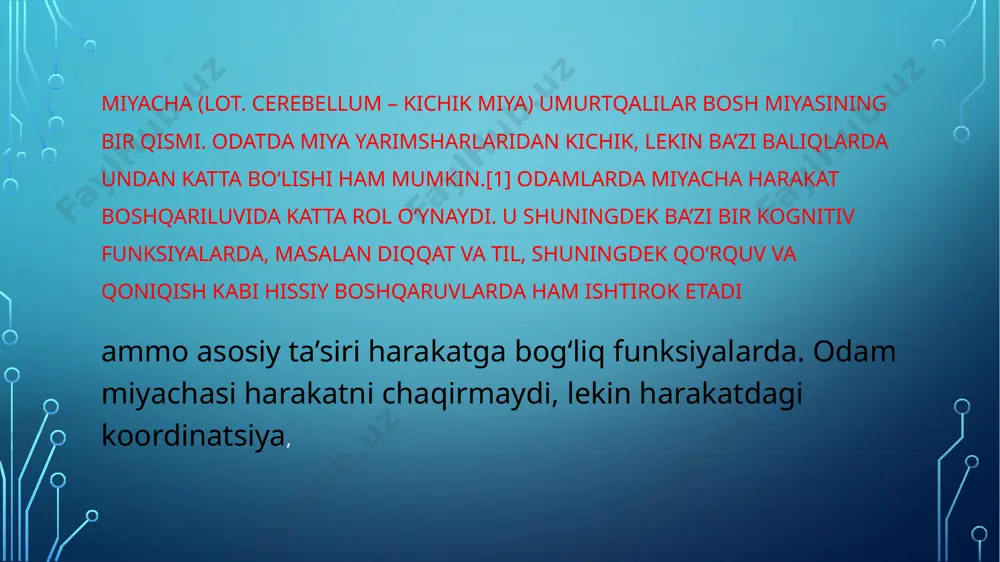 halari boʻlib, chuvalchangsimon qismga nisbatan joylashuvi boʻyicha nomlangan. yuqorigi miyacha oyoqchalari thalamus yadrolari orqali yarimsharlar poʻstlogʻidagi yuqorigi motor neyronlarga boruvchi efferent tolalar tutadi. tolalar miyacha chuqur yadrolaridan chiqadi. oʻrta miyacha oyoqchalari koʻprik bilan bogʻlangan va barcha impulslarni koʻprikdan, asosan nucleus pontineusdan oladi. yarimsharlar poʻstlogʻidan koʻprikka oʻtgan impulslar ushbu yadro va uning tolalari orqali miyachaga oʻtkaziladi. oʻrta oyoqcha oyoqchalar ichida eng yirigi boʻlib, miyachaning turli qismlariga boruvchi uchta tutamlarga ajratiladi. pastki miyacha oyoqchalari vestibulyar yadrolar, orqa miya va koʻprik tomi (lot. tegmentum) dan impulslar qabul qiladi. pastki oyoqchadan chiquvchi impulslar efferent tolalar orqali vestibulyar yadrolar va retikulyar formatsiyaga boradi. butun miyacha boshqaruvchi impulslarni pastki miyacha oyoqchalari orqali pastki oliva yadrosi (lot. nucleus olivaris inferior)dan oladi. purkinye hujayralari miyadagi eng farqlanuvchi neyronlardan boʻlib,ular oʻzlarining dendritic daraxtlari shakliga koʻra aniqlanadi: dendtritlar juda kuchli tarmoqlangan, lekin miyacha pushtalariga nisbatan qat’iy perpendikulyar tekislanib joylashgan. shunday qilib purkinye hujayralari dendritlari zich planar tarmoq hosil qiladi va …