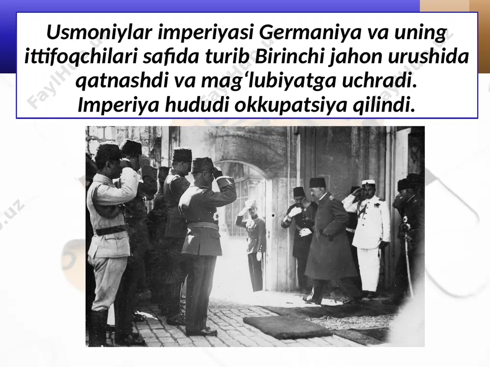 ilgarigi fors o‘rniga eron deb ataladigan bo‘ldi. 1927 – 1934-yillardagi islohotlar davrida bepul majburiy boshlang‘ich ta’lim hamda pullik o‘rta va oliy ta’lim to‘g‘risida qonunlar qabul qilindi. ta’lim sohasida katta o‘zgarishlar yuz berdi. agrar siyosatda rizo shoh keskin o‘zgarishlar qil madi. qabila yer-mulklari, jumladan, vaqf yerlari tortib olinib, mulozimlar va zobitlarga bo‘lib berildi. eron. 1930-yillar tashqi siyosat. shoh tashqi siyosati sssr bilan g‘arb davlatlari o‘rtasidagi ziddiyatlarni hisobga olib, ustalik bilan o‘z manfaatlarini saqlab qolishga qaratildi. sssr ikkinchi jahon urushiga qo‘shilgandan so‘ng 1941-yil avgustda sovet va ingliz qo‘shinlari eronga kiritildi. taxtga kelgan muhammad rizo pahlaviy 1942-yili sssr va buyuk britaniya bilan shartnoma imzoladi. savol va topshiriqlar 1. birinchi jahon urushining yakuni turkiya uchun qanday oqibatlarga olib keldi? 2. mustafo kamolning hokimiyatga kelishi turkiyaning tarixiy taqdirida qanday rol o‘ynadi? 3. mustafo kamol otaturk islohotlarining asosiy maqsadi nimadan iborat edi? otaturk tashqi siyosatda qanday asosiy maqsadlarni ko‘zlab harakat qildi? 4. shoh rizo pahlaviy islohotlari …