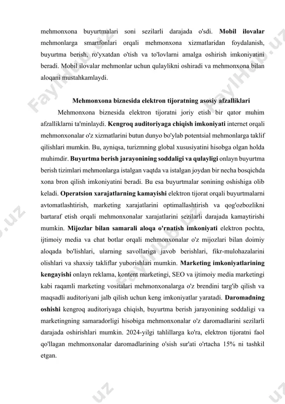 mpaniyalarini optimallashtirish uchun yanada kengroq qo'llaniladi. kelajakda mehmonxona biznesida elektron tijorat yanada integratsiyalashgan, shaxsiylashtirilgan va interaktiv bo'lishi kutilmoqda. xulosa mehmonxona biznesida elektron tijoratni joriy etish zamonaviy biznes yuritishning muhim shartlaridan biridir. veb-saytlar, otalar, metasearch platformalari, ijtimoiy media va mobil ilovalar mehmonxonalarga keng auditoriyaga chiqish, buyurtma berish jarayonini soddalashtirish, operatsion xarajatlarni kamaytirish, mijozlar bilan samarali aloqa o'rnatish va daromadni oshirish imkoniyatini beradi. mobil tijoratning o'sishi, shaxsiylashtirishning kuchayishi, ovozli qidiruv, blokcheyn va vr/ar texnologiyalarining integratsiyasi mehmonxona elektron tijoratining kelajakdagi asosiy tendensiyalari hisoblanadi. mehmonxona korxonalari ushbu tendensiyalarni kuzatib borishlari va o'z elektron tijorat strategiyalarini moslashtirishlari orqali raqobatbardoshligini oshirish va mijozlarga yuqori sifatli xizmat ko'rsatish imkoniyatiga ega bo'ladilar. keys-stadi: "alfafarm" farmatsevtika kompaniyasining yangi dori vositasini ishlab chiqishdagi nazariy yondashuvlari "alfafarm" o'zbekistonda faoliyat yurituvchi farmatsevtika kompaniyasi bo'lib, innovatsion dori vositalarini ishlab chiqishga qaror qildi. kompaniya shumpeterning "ijodiy buzilish" nazariyasi (bozorda yangi yechimlar taklif qilish), rogersning innovatsiyalarning tarqalishi nazariyasi (mahsulot afzalliklarini ko'rsatish), porterning raqobatbardoshlik nazariyasi (differentsiyalash …