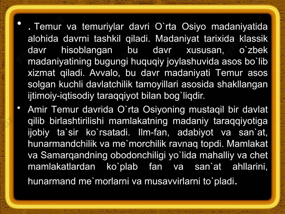 k san`atini mukammal egallagan ustalar olti xil yozuvda ishlagan. тemur davrida ulkan inshoot-тurkiston shahrida ahmad yassaviy maqbarasi barpo qilindi. bu maqbara musulmon sharqining me`moriy yodgorliklari orasida eng noyobidir. samarqanddagi ulug`bek rasadxonasi me`moriy san`atning noyob yodgorligidir. rasadxona diametri 48 metrli aylana shaklda bo`lib, uch qavatlidir. тemuriylar davrida qurilgan saroylar ikki xil bo`lgan. birinchisi-ma`muriy-siyosiy maqsadda bo`lib, qal`a yoki shahar ichida qurilgan. ikkinchisi-shahar tashqarisidagi bog`larda qurilgan qarorgohlarda qabul marosimlari, majlislar o`tkazilgan va xordiq chiqarilgan. shahrisabzdagi oqsaroy gumbazining diametri 22 metr bo`lib, toq va ravoqlari beqiyos bo`lgan. тemur va ulug`bekning asosiy qarorgohi samarqanddagi ko`ksaroy va bo`stonsaroy deyiladi. shuningdek, shahar tashqarisida тemur o`n ikkita bog` va saroylar bunyod ettirgan. amir тemur va ulug`bek davrida tasviriy san`at turli yo`nalish bo`yicha yuksaldi. islomda jonli narsalar tasviriga sig`inmaslik tasviriy san`atda naqshning ravnaqiga sabab bo`ldi. amir тemur davrida samarqandda miniatyura rassomchilik maktabi tashkil topdi. hozir тurkiya va berlin kutubxonalarida saqlanayotgan ko`chirma- homaki miniatyura nusxalari xiv-xv asrlarga oid bo`lib, ularda …