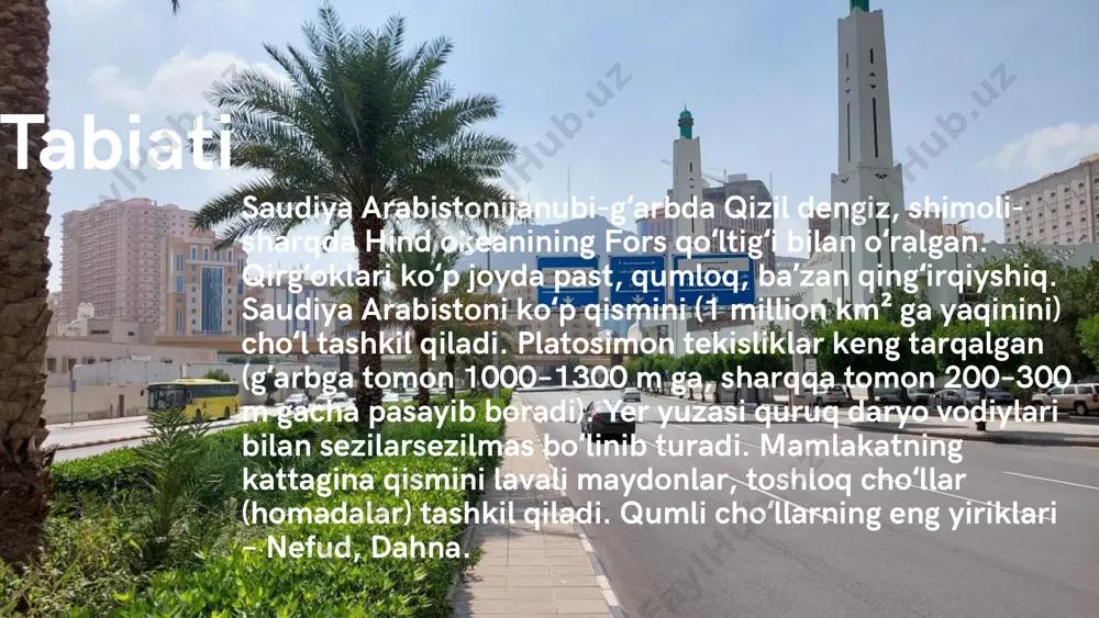 oshladi. xoʻjaligi iqtisodiyotining asosi – neft va gaz sanoati. ikkinchi jahon urushiga qadar saudiya arabistoni xoʻjaligida chorvachilik ustun boʻlgan. urushdan keyin neft qazib olish va eksport qilish hal qiluvchi ahamiyatga ega boʻldi. neft va neft mahsulotlaridan keladigan daromad 5 yillik rejalar doirasida sanoatni rivojlantirishga katta mablagʻ ajratish imkonini berdi. yalpi ichki mahsulotda sanoat ulushi 53%, qishloq xoʻjaligi ulushi 6%, xizmat koʻrsatish tarmogʻi ulushi 41% ni tashkil etadi. saudiya arabistoni yalpi xdjmining 35% xususiy sektorga toʻgʻri keladi. sanoati saudiya arabistoni neft zaxiralari boʻyicha dunyoda 1-oʻrinda (35,8 mlrd. tonna), neft qazib chiqarish boʻyicha 2oʻrinda (aqshdan keyin) turadi. neftning 95% „saudi aram ko“ milliy kompaniyasi tomonidan qazib chiqariladi. saudiya arabistonida kuniga 7,5 mln. barrel (2002-yil 308 mln. tonna) neft qazib olinadi. gaz zaxiralari boʻyicha dunyoda 4oʻrinni egallasada, uni qazib olish boʻyicha yaqin sharqda loʻrinda turadi. 1960-yillarning oxiridan neft kimyosi sanoati keng rivojlandi. metallurgiya (jidda), qogʻoz (dammom), oziq-ovqat (makkadagi yog zavodi, konditer fabrikasi, arriyoddagi …