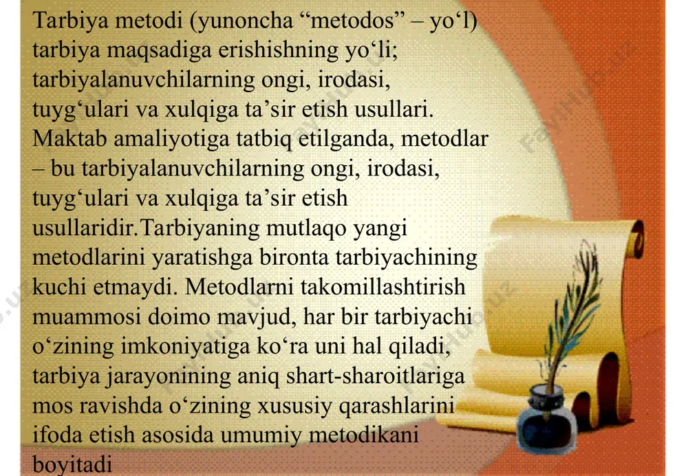 mustaqil hal etish yo’li sifatida foydalanilsa, boshqa bir holatda xususiy ko’rinishga ega bo’lib, uslub sifatida qo’llaniladi, yana bir holda esa zarur umumiy sharoit yoki vosita sifatida qo’llaniladi. jamoaning o’z a’zolariga nisbatan qat’iy e’tiqod sifatida qo’yilgan talablari jamoaning ma’lum rivojlanish bosqichida tarbiyaning eng muhim metodi sifatida ta’sir ko’rsatadi. shu bilan birga, mahlum odatlarni yuzaga keltirish metodiga qo’yilgan talablar usul birligi sifatida ko’makka keladi. pedagogik jamoa uchun talablar birligi, tarbiya jarayonini butun olganda, uning samaradorligini ta’minlash sharti bo’lib xizmat qiladi. ko’plab holatlar pedagogik jarayon sodir bo’lishidan, tarbiyalanuvchining yosh xususiyatlaridan, ularning o’sib borayotgan intilishlaridan, ular faoliyatining ichki intilishidan, muomaladagi o’zgargan holat va boshqalardan kelib chiqadi tarbiya jarayonining maqsadi shundaki, turli tarbiya metodlarini muomalaga kiritib, ulardan ixcham, o’zgaruvchan tarzda, turlicha holatlarda turlicha foydalanishga erishiladi. bu o’rinda tarbiya jarayonining maqsadi tarbiya metodlaridan foydalanishga dialektik yondashuvdan iborat bo’lib, tarbiya metodlari tarbiya metodlari hamma holatlar uchun bir xil va doimiy bo’lmaydi. faqat metodlarning o’zaro birgalikdagi ta’siri tufayligina …