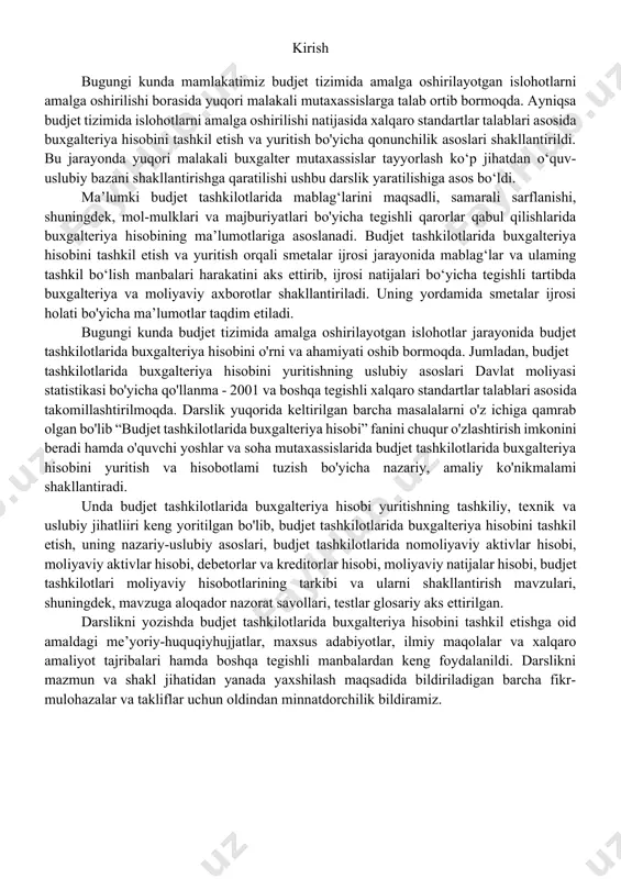 kilotlarida buxgalteriya hisobining vazifalari. 2. budjet tashkilotlarida buxgalteriya hisobini tashkil etishning xususiyatlari. budjet tashkilotlari davlatning belgilangan vazifasi (ta’lim, sog‘liqni saqlash, mudofaa, huquqni muhofaza qilish va davlatning (tashqi iqtisodiy, ijtimoiy ahamiyatga ega bo'lgan boshqa vazifalari)ni bajarish uchun tashkil etilgan yuridik shaxs bo‘lib, ular o'z faoliyatini amalga oshirish uchun budjetdan mablag‘ bilan ta’minlanadi. budjet tashkiloti - zimmasiga yuklatilgan vazifalarni bajarish bilan bog'liq bo‘lgan о'z faoliyatini amalga oshirishi uchun davlat budjetidan mablag' ajratish nazarda tutilgan va bu mablag' moliyalashtirishning asosiy manbai hisoblanadigan vazirlik, davlat qo'mitasi, idora, davlat tashkiloti. “budjet tizimi to ‘g ‘risida”g i qonun, 3-modda davlat budjetidan budjet tashkilotlariga ajratilayotgan mablag'larni maqsadli va oqilona sarflanishini ta’minlash va ular bo'yicha tegishli axborotlami shakllantirilishi ularda buxgalteriya hisobini tashkil etish asosida amalga oshiriladi. har bir budjet tashkilotiga mablag'lar ajratish davlat budjetidan tasdiqlangan xarajatlar smetalari asosida amalga oshiriladi. bulardan tashqari qonunchilikda budjet tashkilotlariga budjetdan tashqari mablag'lar manbalarini shakllantirishga ham ruxsat etilgan. ya’ni, faoliyat turiga mos mahsulot …