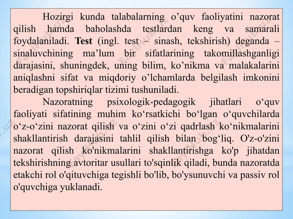 pshiriqlar; ko’rsatmalarni bajarishga oid topshiriqlar; bilimdonlikni aniqlashga doir topshiriqlar; tafakkurni aniqlovchi testlar; orfografik testlar; til masalalariga doir topshiriqlar va boshqalar. ochiq topshiriqlar. agar test topshirig’i matnida, uning tayanch so’zlari yoki gap tushirib qoldirilgan bo’lsa, bunday topshiriq ochiq (tugallanmagan) test deb ataladi. bu shakldagi testlarda talabalarning bitta, ikkita so’zdan iborat qisqa va aniq javob berishlari taxmin qilinadi. bu haqda testga ilova qilingan yo’llanmada bayon etish kerak. blankaning bo’sh joyida javob uchun zarur bo’lgan joy qoldiriladi. masalan, «test tushunchasi» ____yilda _________ tomonidan birinchi marta ishlatilgan. «ha» va «yo’q» degan ikkita javobli yopiq test topshiriqlari ustida alohida to’xtalib o’tish lozim. ba’zi bir topshiriqlar ularning javoblari ikki xil ma`noni bildiradigan qilib bayon etilishi mumkin. masalan: siz testlar qo’llanishini xush ko’rasizmi? - ha (xush ko’raman). yo’q (xush ko’rmayman). bunday hollarda javoblar uchun «to’g’ri» va «noto’g’ri» so’zlarni ishlatish maqsadga muvofiqdir. masalan: yopiq test topshiriqlari bilimlarni kompyuterdan foydalanib nazorat qilishga qulay. image1.png /docprops/thumbnail.jpeg