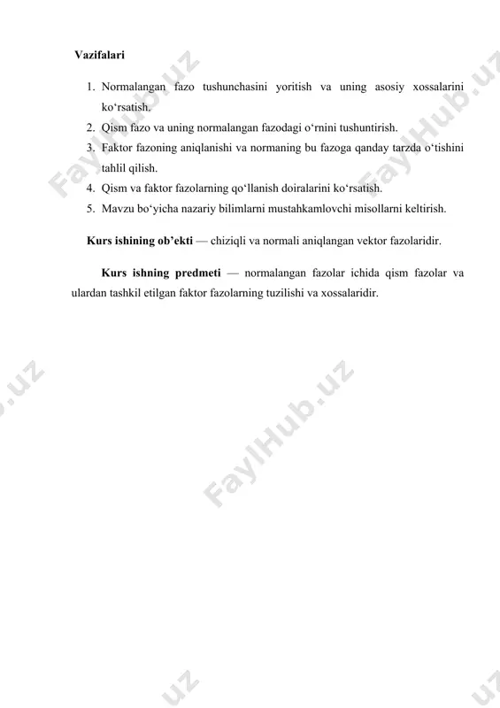. chziqli fazoning bo’ch bo’lmagan qism-to’plami unda aniqlangan qo’shish va songa ko’paytirish amallariga nisbatan chiziqli fazoni tashkil etsa, u holda u fazoning qism-fazosi deyiladi. boshqacha aytganda, bo’lib, dan ixtiyoriy sonlar uchun kelib chiqsa, u holda ning qism-fazosi deyiladi. misol. . – oraliqda uzluksiz funksiyalar fazosida barcha algebraik ko’phadlar to’plami cheksiz o’lchovli qism-fazoni hosil qiladi (isbotlang). qavariq funksionallar. ta’rif 1.4. agar haqiqiy chziqli fazoda aniqlangan manfiymas funksional quyidagi 1) 2) shartlarni qanoatlantirsa, u holda u qavariq deyiladi. normalashtirilgan fazolar. ta’rif 1.5. faraz qilaylik, chiziqli fazo bo’lsin. da aniqlangan chekli qavariq funksional quyidagi 1) 2) qo’shimcha sartlarni qanoatlantirsa, u norma deyiladi. ta’rif . biror norma berilgan chiziqli fazo normalashtirilgan fazo deb aytiladi. agar istalgan normalshtirilgan fazoda masofa kiritilsa, u holda u metric fazoga aylanadi. misollar: elementlari dan iborat haqiqiy -o’lchovli fazo uchun deb olsak, u normalashtirilgan fazoga aylanadi. uzluksiz funksiyalarning fazosida normani formula orqali aniqlaymiz. norma shartlari bajarilishini ko’rsating. unda metrika qanday …