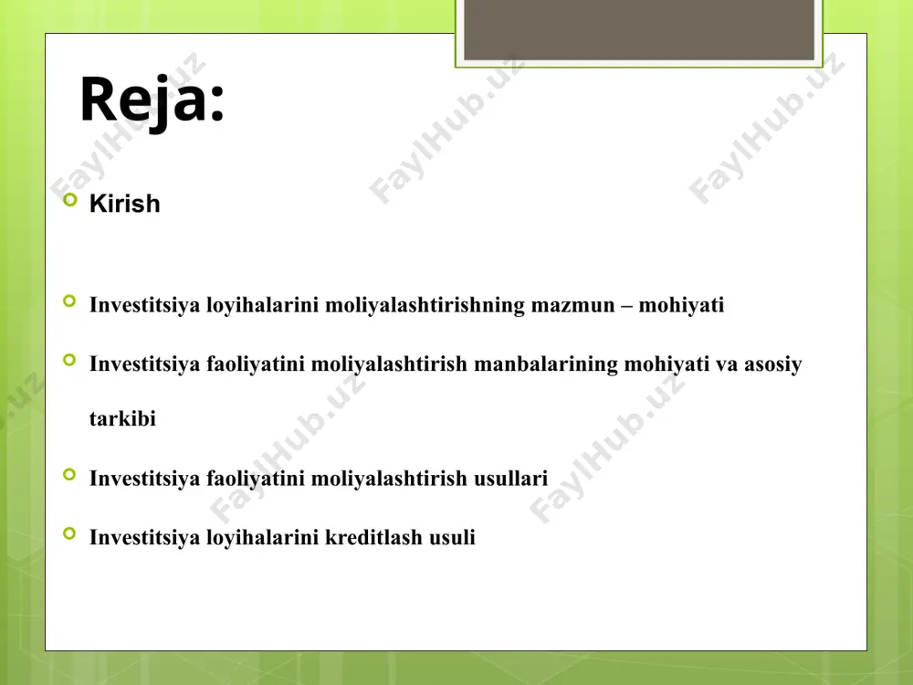o‘lov qudrati, loyihaviy holati bilan qiziqsa, loyihaviy moliyalashtirishda asosiy diqqat loyihaviy tahlilga qaratiladi. buning uchun loyihaning ta’sirchanlik darajasining baholanishi, «zararsizlik nuqta»sini belgilanishi va boshqacha usullar qo‘llaniladi. loyihaviy moliyalashtirishda xatar darajasining yuqoriligini hisobga olib, kreditorlar investitsiya loyihalarini amalga oshirishda amal qiluvchi xatarlarni boshqarishning eng foydali bo‘lishini ta’minlashga harakat qiladi. investitsiya loyihalarini amalga oshirishdagi xatarlarni kreditor va qarz oluvchi o‘rtasida taqsimlashda loyihani moliyalashtirish qo‘yidagicha tasniflanishi mumkin: -loyihani moliyalashtirishdagi kreditorning qarzdorga nisbatan huquqsizligi; -chegaralangan miqdorida loyihani moliyalashtirish; -to‘liq miqdorida loyihani moliyalashtirish. loyihani moliyalashtirish, bank-kreditor uchun yuqori xatarda harakterlansa, tavakkalchilik moliyalashtirish bilan o‘xshashlik tomonlari bor. eng asosiy masala - mamlakatimizda investitsiya faoliyatini amalga oshirishdagi eng asosiy masala – ularni moliyaviy resurslar bilan ta'minlash, ya'ni moliyalashtirish masalasidir. investitsiya faoliyatini moliyalashtirish mexanizmi o'z mohiyatiga ko'ra - ikki muhim jihati bilan ajralib turadi. birinchidan mikrodarajada moliyalashning bozor mexanizmi amal qiladi; ikkinchidan makroiqtisodiy darajada davlatning iqtisodiy mexanizmi ham mavjud bo'ladi. shu sababli investitsiya loyihalarini moliyalash faqat olinadigan foyda …