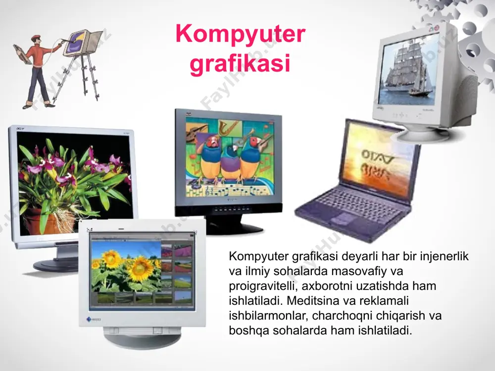 qamli kabi kodlanadi va maxsus dasturlarda qayta ishlanadi. coreldraw, adobe illustrator, macromedia freehand kabi dasturlar juda mashxur. 25 vektorli grafikning xossalari vektorli tasvirni kodlashda tasvir obyektining o’zi emas balki dastur, har safar qayta yaratayotganda foydalanadigan nuqtalar koordinatasi saqlanadi. bundan tashqari, ranglar xarakteristikasini tasvirlash, fayl o’lchovini u qadar kattalshtirmaydi. shuning uchun xotira hajmi nuqtali grafika(rastrli)ga qaraganda juda kichkina. vektorli grafikning obyektlari oson ko’chiriladi, ularni shunchaki маnipulyatsiya qilish, tasvir sifatiga hech qanday ta’sir ko’rsatmaydi. bu tasvirni masshtablashtirish oddiy matamatik amallar yordamida amalga oshirilganligi uchun mumkin (grafikaning avvalgi parametrlarini masshtablashtirish koeffitsientiga ko’paytiriladi). 26 e’tiboringiz uchun rahmat! image3.png image4.jpeg image5.jpeg image6.jpeg image7.jpeg image8.jpeg image9.jpeg image10.png image11.jpeg image12.jpeg image13.jpeg image14.jpeg image15.jpeg image16.jpeg image17.jpeg image18.jpeg image19.jpeg image20.jpeg image21.jpeg image22.jpeg image23.jpeg image24.png image25.png image26.jpeg image27.png image28.jpeg image29.png image30.jpeg image31.jpeg image32.jpeg image33.jpeg image34.jpeg image35.png image36.jpeg image37.png image38.jpeg image39.jpeg image40.png image41.jpeg image42.jpeg image43.png image44.jpeg image45.jpeg image46.png image47.jpeg image48.png image1.jpeg /docprops/thumbnail.jpeg