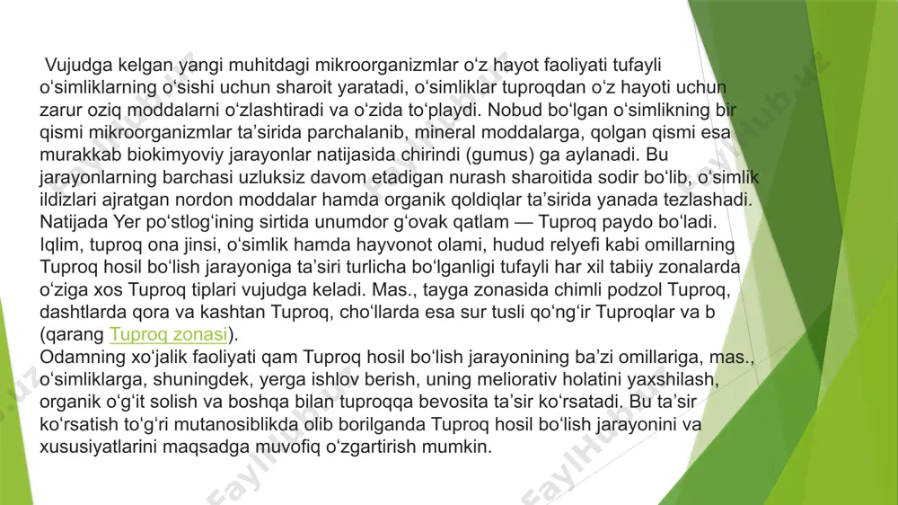 n tlarda esa 27% atrofida boʻladi. gʻovaklik tuproqning solishtirma va hajm ogʻirligiga bogʻliq. kovaklarda tuproqning suyuq qismini tashkil qiluvchi, tarkibida erigan moddalar — tuproq eritmasi boʻlgan tuproq nami hamda tuproqning gaz holatidagi qismini tashkil etuvchi tuproq havosi boʻladi. tuproq tarkibidagi suv va havo miqdorining nisbati atmosfera yogʻinlari, sugʻorish va grunt suvlari hamda suvning sarflanishi, yaʼni tuproq qatlamidan oqib chiqib ketishi, bugʻlanishi va oʻsimlik ildizlari orqali shimilishi va boshqa bilan bogʻliq holda oʻzgarib turadi. mana shu sharoitlar tuproqning suv va havo rejimini belgilaydi. tuproqdagi havo tarkibi atmosfera havosidan (o220,96%, so20,03%) farq qiladi (tuproq hajmiga nisbatan % hisobida: o2—20,3%, so2—0,65%), azot miqdori deyarli teng. tuproq paydo bo'lishida relyef muhim rol o'ynaydi, chunki u issiqlik, namlik va tog 'jinslarini qayta taqsimlaydi. hamma biladiki, baland tog'ning tepasida uning tagidan sovuqroq; janubga qaragan qiyalikda qor bahorda shimoliy yonbag'irga qaraganda ancha tez eriydi; sovuq va ko'pincha pasttekisliklarda sodir bo'ladi. biz bilamizki, katta tekisliklarda suv saqlanib qoladi …