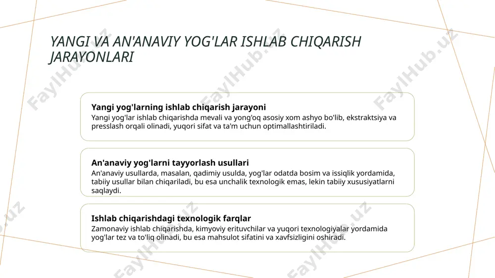 chiqarish jarayonlarini real vaqtda nazorat qilish, resurslarni optimal ishlatish va sifatni barqaror saqlashga yordam beradi. oziq-ovqat xavfsizligi va sifat standartlariga muvofiqlik uchun yondashuvlar 1 xavfsizlikni ta'minlash oziq-ovqat xavfsizligini ta'minlash uchun ishlab chiqarishda sanitariya-gigiena talablari qat'iy nazorat qilinadi, texnologiyalar zamonaviy va xavfsizlik standartlariga mos bo'lishi kerak. 2 sifat standartlari mahsulotlarning sifatini belgilovchi standartlar, masalan, sanoat va sog'liqni saqlash vazirliklari tomonidan qabul qilingan qoidalar, mahsulot xavfsizligini kafolatlaydi. 3 sifatni nazorat qilish sifat nazorati jarayonida laboratoriya tekshiruvlari va monitoring yordamida yog'-moylarning tarkibi, bakteriyalarga qarshi kurash va xavfsizlik darajasi baholanadi, mahsulot sifati nazorat qilinadi. ozuqaviy yog'larning sog'liq uchun ahamiyati va ularning organizmga ta'siri 1 sog'liq uchun energetik manba oziqaviy yog'lar energiya manbai bo'lib, kunlik faoliyat uchun zarur bo'lgan kaloriya va quvvatni ta'minlaydi, ayniqsa jismoniy faoliyatda muhimdir. 2 foydali yog'li kislotalar omega-3 va omega-6 kabi foydali yog'li kislotalar yurak va miyaga ta'sir qilib, immunitetni kuchaytiradi va xolesterin darajasini muvozanatlashga yordam beradi. 3 sog'liqni saqlash va …