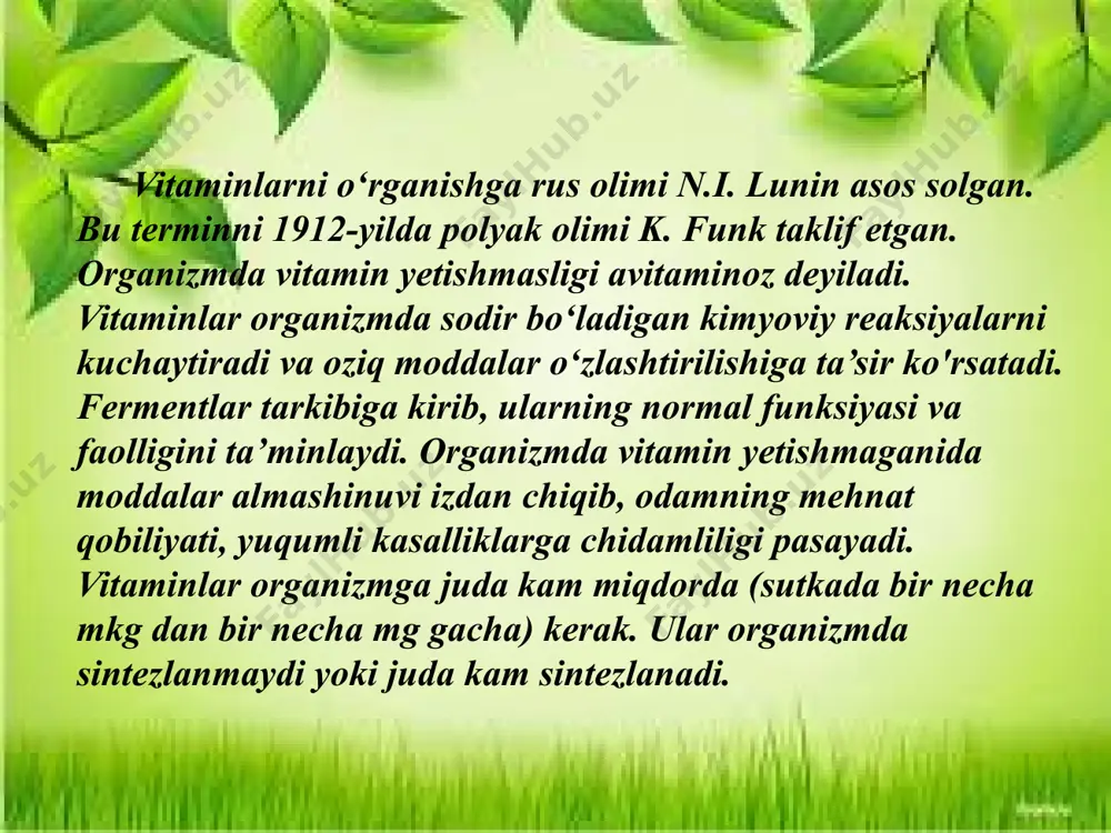hib bo’shashib qolishi,tishlarning qimirlab tushib qolishi,uni tish cho’tka bilan tozalaganda milk qonashi kuzatiladi.bu vitamin ho’l mevalarda,ko’katlarda,savzavotlarda,ayniqsa limon,apelsin,mandarin,karam,pomidor,piyoz,tarkibida ko’p bo’ladi. mustahkamlash uchun savollar: organizmda d vitamin etishmasa qanday kasallik kelib chiqadi? c vitamin qaysi mahsulotlarda ko’p bo’ladi? yog’da qaysi vitaminlar eriydi? vimaninlarni 1-bo’lib qaysi olim aniqladi? vitamin so’zining ma’nosi nima? vitaminlarning necha turi bor? image1.jpeg image2.png image3.png image4.png image5.png image6.png image7.png image14.png image15.png image16.png image12.png image13.png image17.png image18.png image19.png image20.png image21.png image22.png image23.png image24.png image25.png image26.png image10.png image27.png image28.png image29.png image30.png image31.png image32.png image33.png image34.png image35.png image36.png image37.png image8.png image38.png image39.png image40.png image41.png image42.png image43.png image44.png image45.png image46.png /docprops/thumbnail.jpeg