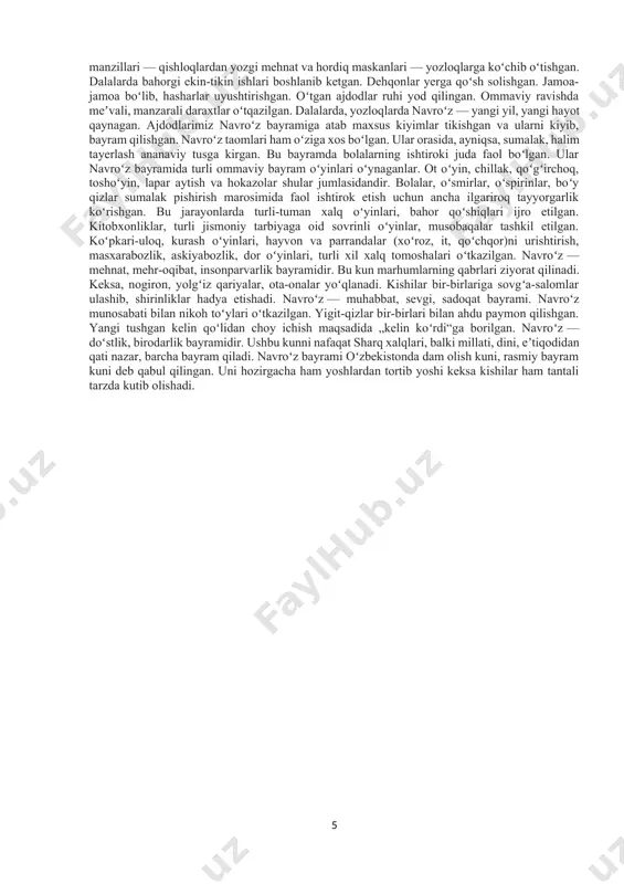 rex-ye haft sin“ deb nomlanadigan stol, poklik belgisi suv, yorugʻlik belgisi sifatida sham yoki fonus, oʻsimliklar belgisi sifatida „sabzex“ yoki „koʻkatlardan tayyorlangan taom“, eronda „samanu“, qirgʻizistonda va oʻzbekistonda „sumalak“, turkmanistonda „samani“, tojikistonda „somoluk“lardan tuziladi.qirgʻiziston respublikasida navroʻz bayramini nishonlashning asosiy anʼanalaridan biri bu uylarini, odamlarni va mol-mulkini tozalash uchun uylarga qora archa hidini taratish (alastau) yoki „adirashman“ (ignabargli daraxt bilan), eronda esa yovvoyi ruta bilan taratish odat boʻlgan.bayramning asosiy elementlari musiqa, raqs, ogʻzaki nutq hamda adabiyot, hunarmandchilik va rassomchilik (asosan miniatyura sanʼati)dan tashkil topadi. turli xil hunarmandlar oʻz qoʻllari bilan bezaklar, bolalar uchun oʻyinchoqlar yasab berishadi. bu oʻyinchoqlardagi bezaklar, sheʼriyatdagi asosiy mazmun, musiqa va raqslardagi badiiy maʼno, rasmlardagi asosiy mazmun navroʻz bayramida bahorni kelishi va tabiatning yangilanishini aks ettirgan. misol uchun, qirgʻiziston respublikasida akayn — koʻcha sanʼatkorlarining chiqishlarida yangi yilni olqishlash maʼnosi koʻtarilgan. bundan tashqari akaynlar afsonaviy voqealarni koʻrsatib namoyishlar qoʻyishgan. shuningdek, oʻzbekstonda ham navroʻzni sharaflash qoʻshiqlari folklor sanʼatkorlar baxshi, shoir …