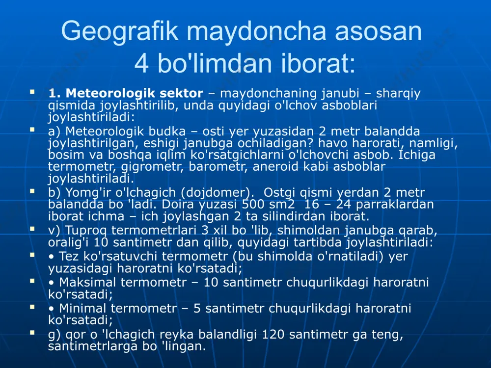 tishdan oldin tush chizig'i o'tkaziladi, maydonchadagi ayrim asboblar aynan tush chizig 'idan о'rnatilishi kerak. tush chizig'i maydonchaning teng o'rtasidan o'tkaziladi (tush chizig'i - maydonchani o'rtasidan meridian chizig'i o'tkaziladi, shimoliy-janubiy qutblar qaysi tomonda ekanini aniqlaydi.) 3. geograflya maydonchasi "maket geografik maydoncha" bo 'lib sinf xonasida yoki geograflya xonasida geografiya maydonchasi va undagi asboblarning joylashishi to'g'risida tushuncha olish uchun qo'llaniladi. bunday maydonchalarda mavjud barcha geografik asboblar maket tarzida joylashtiriladi. geograflya maydonchasi 4 ta asosiy bo 'limlarga bo 'linadi 1. astronomik bo 'lim koinot bilan bog'liq bo'lgan geografik hodisalar va jarayonlarni kuzatishga xizmat qiladi. gnomon tayoqchasi shu, bo'limga o'rnatiladi. tayoqchaning balandligi 1 metr 20 santimetr bo'lib, oddiy taxtadan yasaladi. bu tayoqchaning vazifasi tush chizig'ini aniqlashdan iborat. gnomon tayoqchasi soyasining uzunligiga va yo 'nalishiga qarab quyoshning ufqdan balandligi va joylashish burchagini aniqlash mumkin. o'quvchilar gnomon tayoqcha soyasiga qarab kunning xoxlagan vaqtida soat necha bo'lganligini aniq aytishlari mumkin. qadimda sayyohl&ning, cho 'ponlarning qo 'lida doimo …