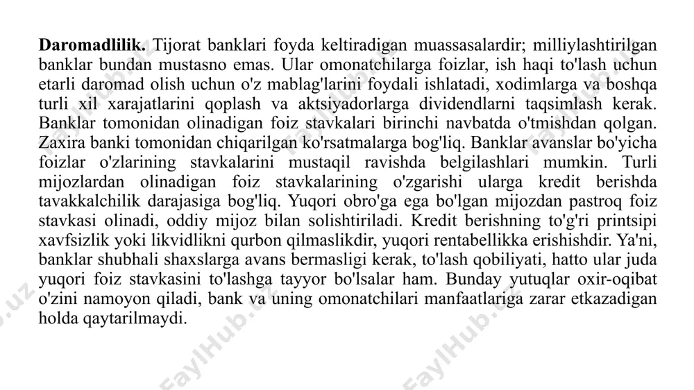 dordagi kreditga loyiqligini anglatadi. bunday kreditga layoqatlilik bankir tomonidan uning (1) xarakteriga, (2) qobiliyatiga va (3) kapitaliga asoslanadi. xarakter: shaxsning kreditga layoqatliligini baholashda birinchi navbatda manfaatdor shaxsning xarakteriga e'tibor beriladi. xarakter so'zi insonning bir qator shaxsiy xususiyatlarini, uning halolligi, to'g'riligi, va'dalarini bajarish va haq to'lashda muntazamligi va tezkorligi, mas'uliyat hissi, yaxshi odatlar, obro'-e'tibor va yaxshi niyatni anglatadi. agar inson bu fazilatlarning barchasiga ega bo'lsa, boshqalarning ongida ajoyib xarakterga ega bo'lib, bankir tomonidan kreditga loyiq deb topiladi. imkoniyat: korxonaning muvaffaqiyati ko'p jihatdan qobiliyat, malaka va tajribaga bog'liq. agar qarz oluvchi zarur texnik malakaga, boshqaruv qobiliyatiga va muayyan sanoat yoki savdoni boshqarish tajribasi, bunday bo'linmaning muvaffaqiyati tabiiy deb qabul qilinishi mumkin va bankir uni berish uchun munosib ish deb hisoblaydi. bu omilning ahamiyati hozirda ortib bormoqda, chunki banklar kafolatsiz berishga tayyor texnik va vakolatli shaxslarga ularning biznes loyihalari asosidagi kreditlar uchun katta. kapital: bankir tomonidan qarz oluvchining kapitalining etarliligiga katta ahamiyat beriladi. …
