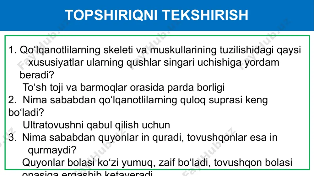 hiriq: yirtqichlar va ularga xos belgilarni juftlab ko‘rsating. a) bo‘rilar; 1) oyoqlari kalta, tanasi ingichka; b) tulkilar; 2) qish faslida uyquga ketadi; d) mushuksimonlar; 3) yil bo‘yi juft bo‘lib yashaydi; e) suvsarlar; 4) yozda inida, qishda iniga kirmaydi; f) ayiqlar. 5) tirnoqlari xaltachaga kirib turadi. mustaqil bajarish uchun topshiriq: 1. darslikning 183-, 186-sahifalarini o‘qish. 2. mavzu oxiridagi topshiriqlarni bajarish image1.jpeg image2.png image3.png image4.png image5.png image6.png image7.png image8.png image9.emf image10.emf image11.png image12.png image13.png image14.png image15.png image16.png image17.png image18.png image19.png image20.png image21.png image22.png image23.png /docprops/thumbnail.jpeg