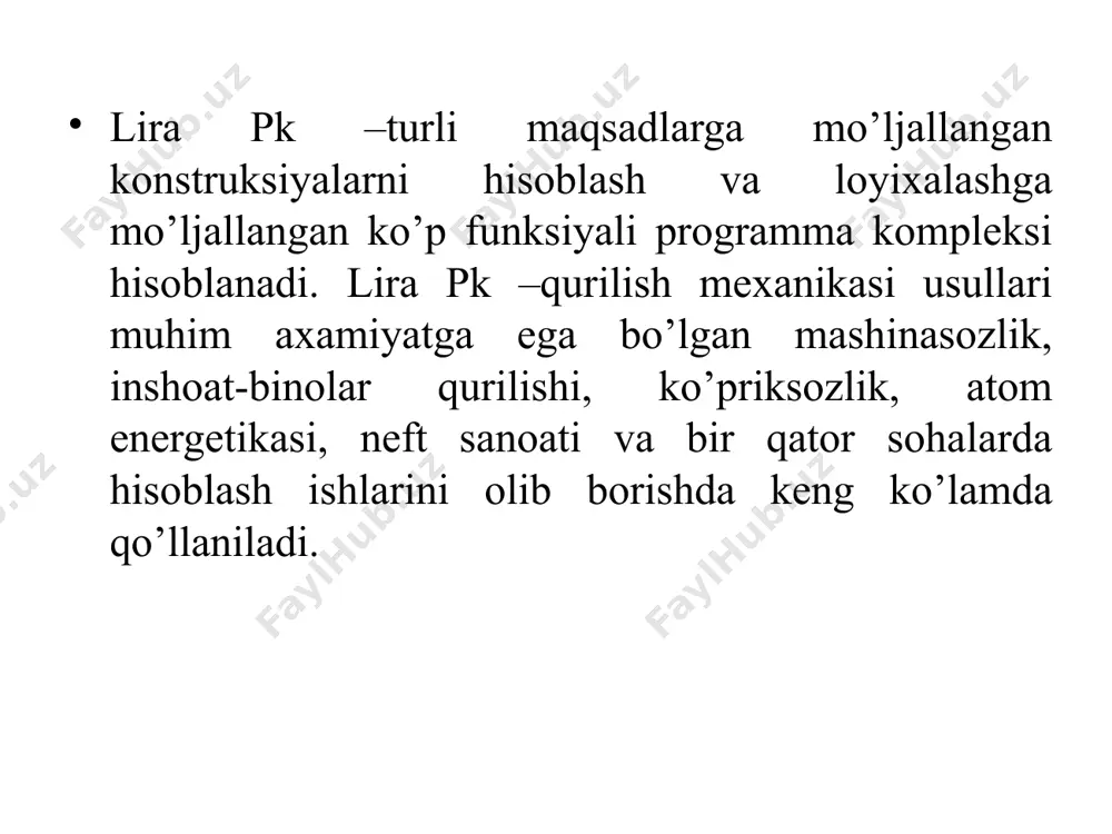 en elementlarining zo‘riqish va kuchlanishlar hisoblanadigan kesimlari sonini ko‘rsatish (o‘z xolicha qoldirilganda ikkita kesim- sterjen boshida va oxirida) uchun xizmat qiladi. superuzli (supertugunlar) menyu bandiga superelementlarning asosiy sxemaga ulanishiga yordam beradigan tugunlarni tayinlash operatsiyasini bajaruvchi buyruqlar joylashtirilgan. жеткости bu menyu bandi tarkibi hisob sxemasi elementlariga qabul qilingan element tiplari uchun talab qilinadigan bikrlik xarakteristikalarini kiritish imkoniyatini beruvchi buyruqlardan iborat. jestkosti elementov (elementlar bikrliklari) buyrug‘i bikrlik xarakteristikalari bibliotekasidan talab qilingan bikrlik tiplarini (ko‘rsatkichlarini) tanlash va ularni sxemaning chekli elementlariga tayinlash uchun mo‘ljallangan. lira-ks (kesim konstruktori) buyrug‘i konstruksiya elementlarining nostandart kesimlarini shakllantirish va ularning bikrlik xarakteristikalarini hisoblash maqsadida amalga oshirilgan. konstruktor tonkostennix secheniy (lir-kts) (yupqa devorli kesimlar konstruktori) buyrug‘i lir-kts – konstruksiyaning nostandart yupqa devorli kesimlari geometriyasini shakllantiruvchi va ularning bikrlik xarakteristikalarini hisoblovchi sistemani chaqirish uchun xizmat qiladi. uchinchi guruhdagi jestkiye vstavki (bikr kiritmalar) buyrug‘i, elementlarning hisob sxemasi tugunlariga mahkamlanishini to‘g‘ri modellashtirish uchun zarur bo‘ladigan sterjen elementlari uchlaridagi absolyut bikr qisimlarni kiritish …