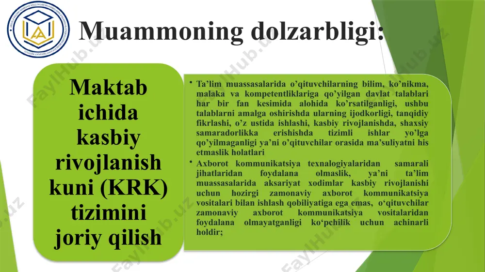 ikda rejalashtirish uchrashuvlari va konferentsiyalarda ishtirok etishlari mumkin. bu tadbirlar o‘qituvchilarning malakasi, bilimi va o‘qitish strategiyasini oshirish, pirovardida ular o‘quvchilarga berayotgan ta’lim sifatini oshirishga qaratilgan maqsadi kasbiy rivojlanish kuni tizimining joriy etilishi maktab hamjamiyatida uzluksiz takomillashtirish va umrbod ta'lim olishga sodiqligini ko'rsatadi. bu o'qituvchilarga ta'limning so'nggi tendentsiyalari, metodologiyalari va texnologiyalaridan xabardor bo'lish imkonini beradi, ular o'z o’quvchilarining turli ehtiyojlarini qondirish uchun jihozlanadi maktab ichida kasbiy rivojlanish kuni (krk) tizimini joriy qilish maqsadi bundan tashqari, kasbiy rivojlanish kunlari o'qituvchilar o'rtasida hamkorlik qilish va aloqa o'rnatish uchun qimmatli imkoniyatlarni taqdim etadi. o'qituvchilar ilg'or tajribalarni almashishlari, fikr almashishlari va o'quv dasturlarini ishlab chiqishda hamkorlik qilishlari mumkin, natijada maktabda innovatsiyalar va mukammallik madaniyatini rivojlantiradi. maqsadi umuman olganda, kasbiy rivojlanish kuni tizimini joriy etish o'qituvchilar samaradorligini oshirishga, o'quvchilarning natijalarini yaxshilashga va kuchliroq, yanada yaxlit maktab jamoasiga olib kelishi mumkin. maktabda kasbiy rivojlanish kuni tizimi joriy qilish o’qituvchining martaba o'sishini davom ettirish va maqsadlariga erishish uchun …