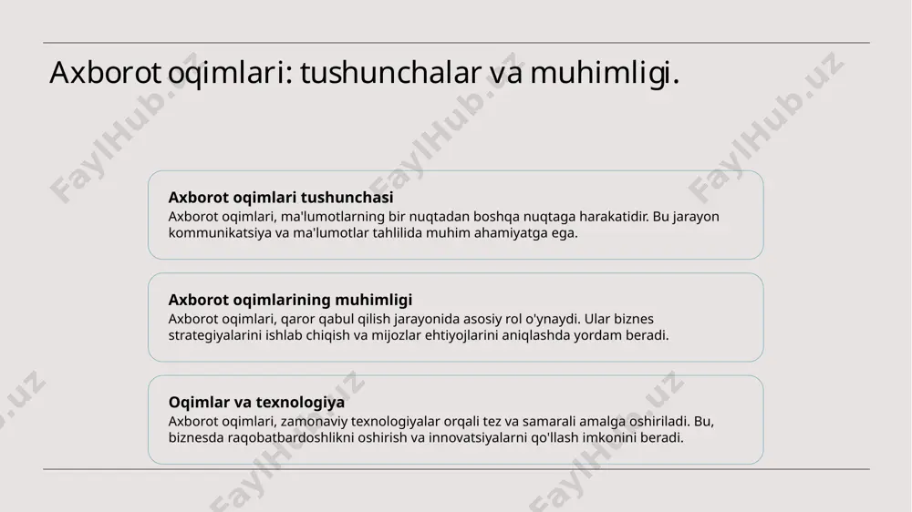 dorlikni oshiradi. 2 ma'lumotlar tahlili - axborot oqimlari orqali yig'ilgan ma'lumotlar, iste'molchilar xatti-harakatlari va ehtiyojlarini tahlil qilishga imkon beradi, bu esa strategik qarorlar qabul qilishda yordam beradi. 3 innovatsion yondashuvlar - raqamli marketingda axborot oqimlari innovatsion yondashuvlarni qo'llashga yordam beradi, masalan, personalizatsiya va real vaqt tahlilini amalga oshirish orqali. xulosa axborot oqimlarining ahamiyati axborot oqimlari, zamonaviy hayotimizda ma'lumotlarni samarali tarqatish va ulardan foydalanish imkoniyatlarini taqdim etadi, bu esa qaror qabul qilishni osonlashtiradi. tahlil usullari va yondashuvlar axborot oqimlarini tahlil qilishda turli metodologiyalar qo'llaniladi, bu esa ma'lumotlarni o'zaro bog'lanishlaridan samarali foydalanishni ta'minlaydi va samaradorlikni oshiradi. raqamli innovatsiyalar va marketing raqamli innovatsiyalar axborot oqimlarining yangi imkoniyatlarini ochadi, bu esa biznesda raqobatbardoshlikni oshirib, strategik qarorlarni yaxshilaydi va samaradorlikni oshiradi. foydalanilgan adabiyotlar 1. akbarov, o. m. axborot oqimlari tahlili va ularning biznesdagi ahamiyati. uzbekistan davlat noshirligi, 2021 2. jalilov, a. u. axborot oqimlari va ularni boshqarish usullari. o‘zbekiston milliy universiteti, 2022 3. toshpulatov, s. …