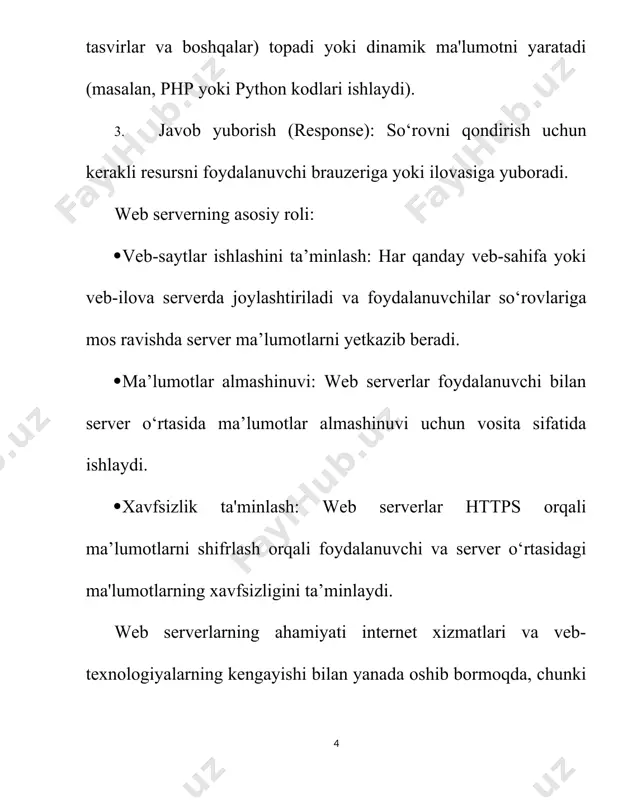 y vositadir. statik kontent: serverdan mijozga uzatiladigan tayyor html fayllar va boshqa resurslar (rasmlar, skriptlar). dinamik kontent: php, python, javascript yoki boshqa dasturlash tillari yordamida yaratilib, mijoz so‘rovi asosida qayta ishlanadigan va o‘zgaruvchan ma'lumotlar (masalan, foydalanuvchi tomonidan yuborilgan ma'lumotlarga mos ravishda o‘zgaruvchi sahifalar). shu tariqa, web serverlar turlari, tuzilishi va ishlash prinsiplari mijoz va server o'rtasidagi aloqa mexanizmlarini ta’minlashda muhim rol o‘ynaydi. har bir server o‘ziga xos jihatlarga ega bo‘lib, foydalanish sohasiga qarab tanlanadi. 2. web serverlarni o‘rnatish va konfiguratsiya qilish web serverni o‘rnatish va konfiguratsiya qilish web ilovalar yoki saytlarni foydalanuvchilarga yetkazib berishning muhim qismidir. serverni to‘g‘ri sozlash uning samaradorligini, xavfsizligini va barqaror ishlashini ta’minlaydi. quyida apache va nginx web serverlarini o‘rnatish va asosiy konfiguratsiyalash jarayonlarini ko‘rib chiqamiz. apache http serverini o‘rnatish turli operatsion tizimlarda oddiy bo‘lib, odatda quyidagi qadamlarni o‘z ichiga oladi: · linux (debian/ubuntu) tizimida o‘rnatish: terminalni oching va quyidagi buyruqni kiriting · apache serveri o‘rnatilgandan so‘ng, …