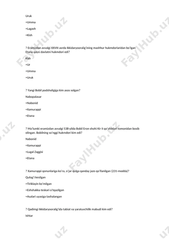 o-doro =afrosiyob =ko’zaliqir =baqtra ? hindistonnig qadimgi davlatlaridan biri kashola davlatining poytaxtini ko’rsating? shravasti = mohonjo-doro = afrosiyob = ko’zaliqir ? qadimgi hindistonda qabila boshlig’i “gopati” deb atalgan. “gopati” qanday ma’noni bildiradi? sigirlar egasi = katta odam = nurli = quyoshli ? buddizm dini qaysi maur’ya davlati hukmdori davrida davlat diniga aylangan? ashoka =xatusili ii =ramzes ii =farazman ? buddizm dini paydo bo’lgan davrni ko’rsating? eramizdan avvalgi vi asr = eramizdan avvalgi iii asr = eramizdan avvalgi ii asr = eramizdan avvalgi i asr ? buddaning asl ismi? sidxartxa gautama = sulaymon = muso = iso ? budda qayerda tavallud topgan? nepalda = xitoy = eron = arabiston ? buddizmning muqaddas matnlarini aniqlang tripitaka = qur’oni karim = tavrot = zabur ? er. avv. 345-yilda hindistonda tashkil topgan davlatni ko’rsating? nand = kushon = panjob = por ? hindiuylik diniga ko’ra, osmon va momaqaldiroq ma’budi qaysi? indra = ravan = …