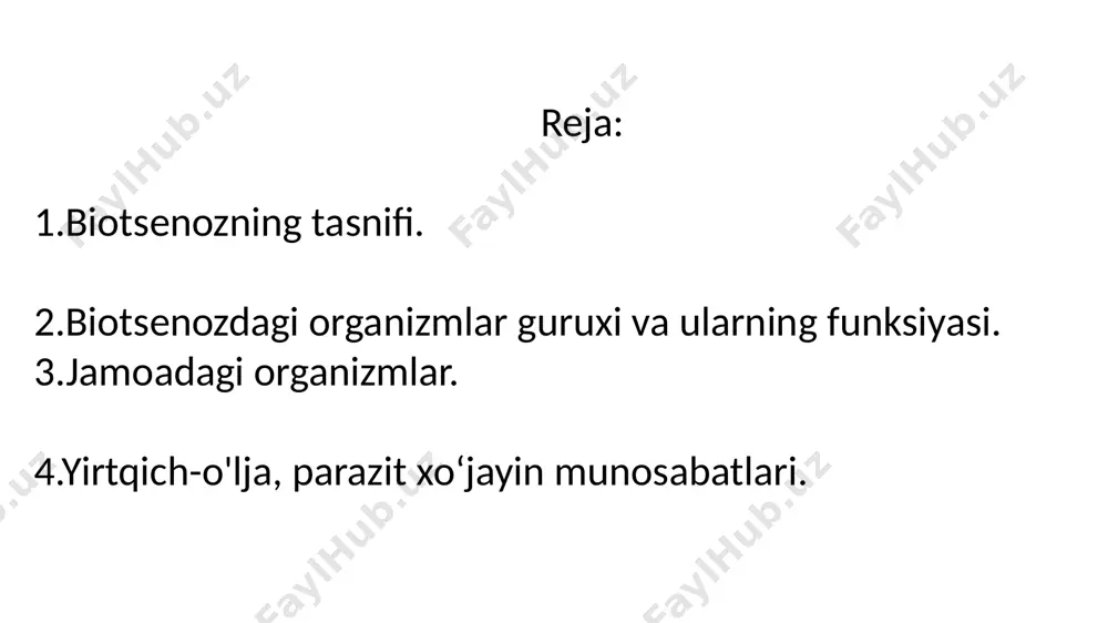 xil hashoratlar bilan ovqatlanadi, asalarilar o‘simliklarning gullaridan nektar oladi, (ular o‘simliklar oilan bevosita munosabatda bo‘ladi), chunki o‘simliklar asalarilarga ovqat tayyorlab beradi. topik bog‘lanishlar - bir organizm hayoti boshqa bir organizmning yashash sharoitida kelib chiqadigan fizikaviy va kimyoviy o‘zgarishlarga sababchi bo‘ladi, masalan: o‘simliklar boshqa organizmlarga ularning hayot muhitni o‘zgartish orqali ta’sir ko‘rsatadi. o‘simliklar jamoasi yer yuzida issiqlikning taqsimlanishi va mikroiqlim shakllanishida muhim rol o‘ynaydi. topik va trofik bog‘lanishlar biotsenoz hayotida katta rol o‘ynaydi va biotsenoz hayotining asosini tashkil qiladi. har xil organizmlar orasidagi bog‘lanishlar mana shu topik va trofik bog‘lanishlar orqali amalga oshadi va organizmlarning jamoada bog‘lanishiga sabab bo‘ladi. forik bog‘lanishlar - bir turning tarqalishida boshqa bir turning qatnashuvidir. bunda asosiy rolni hayvonlar o‘ynaydi. hayvonlar yordamida o‘simliklarning urug‘lari, sporalari va changlari tarqaladi. hayvonlar o‘simliklar urug‘larini passiv va aktiv yo‘llar orqali tarqatishi mumkin. passiv yo‘l orqali tarqalishiga misol qilib hayvonlarning to‘satdan o‘simliklarga tegib ketishi va ularning urug‘larini o‘ziga yopishtirib olib beixtiyor tarqatishini …