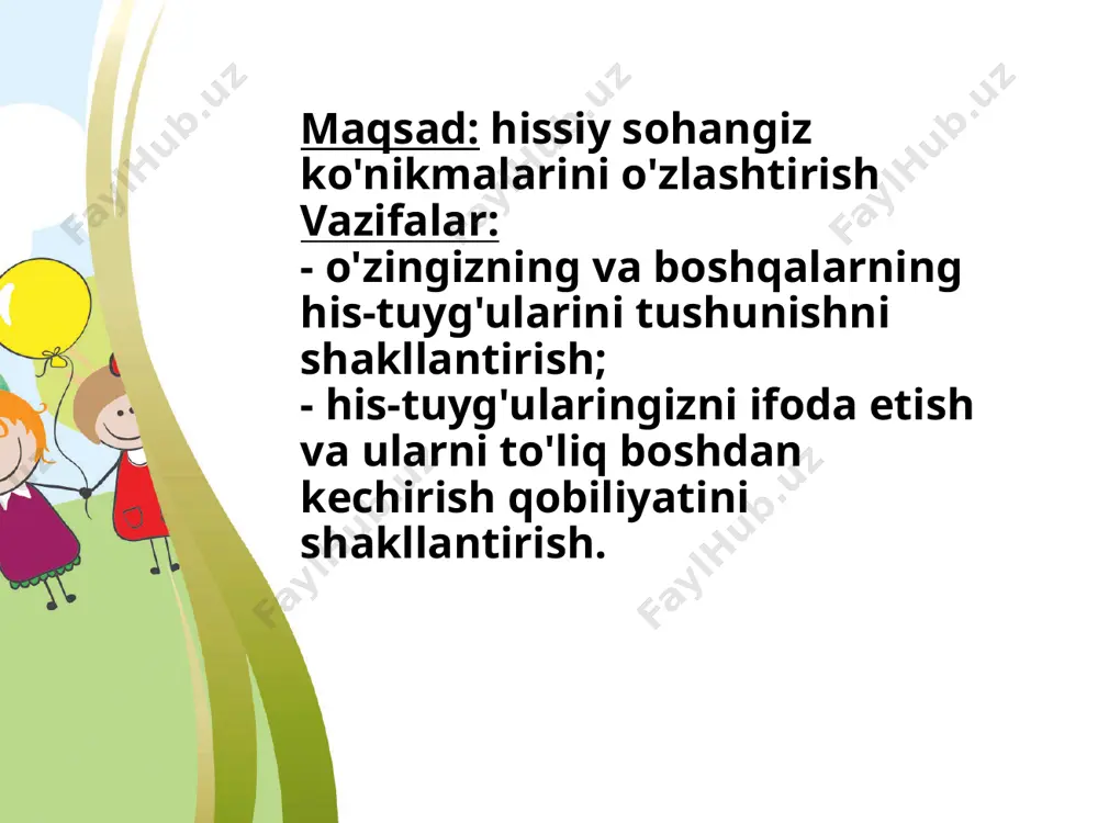 oqlari elkalarining kengligida, qo'llari tirsaklarida bir oz yoyilgan va osilgan, boshi chap yelkasiga egilgan). katta harf bilan olingan tovushda ular "terak" holatiga tushadilar (poshnalar birgalikda, paypoqlar bir-biridan ajralib turadi, oyoqlari tekis, qo'llar yuqoriga ko'tariladi, bosh orqaga tashlanadi, barmoqlarning uchlariga qarang). xotirani rivojlantirish o'yinlari meni takrorlang (6-7 yoshli bolalar uchun) o'yinning maqsadi. motor-eshitish xotirasini rivojlantirish. bolalar taqdimotchining stoli yonida turishadi. taqdimotchi bitta bolaga qalam bilan uradigan hamma narsani silashni taklif qiladi: taqdimotchi. qolgan bolalar harakatlarni diqqat bilan tinglaydilar va baholaydilar: agar qarsak to'g'ri bo'lsa, bosh barmog'ini ko'taring va noto'g'ri bo'lsa, pastga tushiring. ritmik iboralar tuzilishida qisqa va aniq bo'lishi kerak. tinglang va ijro eting! (7-8 yoshli bolalar uchun) o'yinning maqsadi. diqqat va xotirani rivojlantirish. taqdimotchi bir nechta turli xil harakatlarni ko'rsatmasdan 1-2 marta nomlaydi. bolalar etakchi deb nomlangan bir xil ketma-ketlikda harakatlarni amalga oshirishlari kerak. tinchlanish va tashkil etishga yordam beradigan o'yinlar postlarni joylashtiring (6-7 yoshli bolalar uchun) bolalar musiqa ostida …