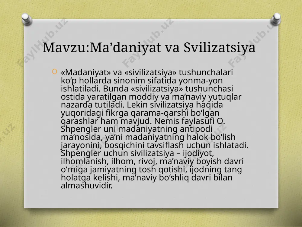 kin (masalan, grek-rim sivilizat-siyasi). sivilizatsiyalar bir-biri bilan parallel ravishda yashashi yoki bo‘lmasa birin-ketin vujudga kelishi ham mumkin. nima bo‘lganda ham, sivilizatsiya tarixi – madaniyat tarixidir. sivilizatsiyani o‘rganish – undagi madaniyat rivojini o‘rganishdir. sivilizatsiya madaniyatning aniq namoyon bo‘lishini, uning real mavjud hayotini aks ettirishidir. sivilizatsiya madaniyatsiz, madaniyat-ning sivilizatsiyasiz, undan tashqarida mavjud bo‘lishi mumkin emas. chunki inson muayyan sivilizatsiya bag‘rida o‘tmish avlodlari tomoni-dan yaratilgan barcha moddiy va ma’naviy boyliklarni o‘zlashtirgan holda shakllanishi, kamol topishi mumkin. madaniyat kelib chiqish jihatidan bir butunlikdagi yaxlit hodisadir. lekin u hamisha izlanishda, rivojlanishda bo‘ladi. demak, madaniyat o‘z xususiyatiga ko‘ra o‘zgaruvchandir. qadimgi ma’daniyat qadimgi rim svilizatsiya ming yil ichida madaniyat shu darajada o‘zgaradiki, bemalol u madaniy holat bilan bu madaniy holat o‘rtasidagi sifat darajasini farqlash mumkin. bu davrda yuz bergan o‘zgarishlarga qarab hattoki bemalol, o‘zaro o‘rin almashgan madaniyat turlari va shakllarini ajratsa bo‘ladi. shu bilan birga, bir vaqtning o‘zida, parallel ravishda yashagan madaniyat turlari va shakllari ham mavjud …