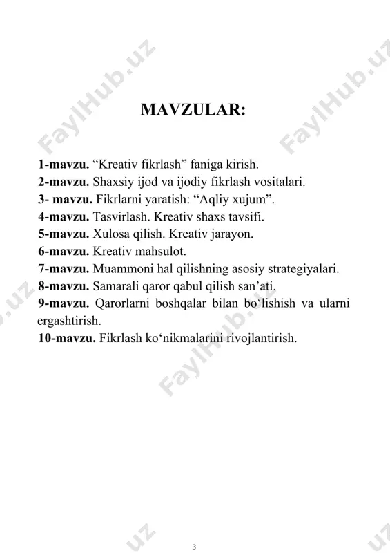 ivlik» tushunchasining mazmunini aniqlash talab etiladi. kreativlik so‘zi inglizcha «create”dan olingan bo‘lib, yaratish ma’nosini beradi. kreativlik deganda insonning yangilik yaratish, muammolarni echishga qaratilgan ijodiy qobiliyati tushuniladi. uning tag zamirida originallik, amaliylik, noodatiylik va erkinlik yotadi. shuningdek, kreativ fikrlash muayyan masala yuzasidan har tomonlama fikrlash, bir nuqtaga turli rakursdan qaray olishni anglatadi. kreativlik shaxsni rivojlantiruvchi kategoriya sifatida inson tafakkuri, ma’naviyatining ajralmas qismi hisoblanadi, u shaxs ega bo‘lgan bilimlarning ko‘pqirrali ekanligida emas, balki yangi g‘oyalarga intilishda va o‘rnatilgan stereotiplarni isloh qilish va o‘zgartirishda, hayotiy muammolarni echish jarayonida kutilmagan va noodatiy qarorlar chiqarishda namoyon bo‘ladi. ya’ni berilgan bilimlarni takrorlash orqali kreativlikka erishib bo‘lmaydi, ijodiy fikrlash jarayonida yangi fikr, yangi g‘oyaning paydo bo‘lishi asosiy shartdir. masalan, ingliz tilida so‘zlarni yodlab, grammatik qoidalarni «suv qilib ichib» yuborgan bo‘lsangiz ham, insho yarata olmasangiz, barchasi samarasizdir. shuning uchun kreativ fikrlash jarayonida tasavvur muhim rol o‘ynaydi. albert eynshteyn «tasavvur bilimdan muhim» deganida aynan mana shu jihatni nazarda tutgan. …