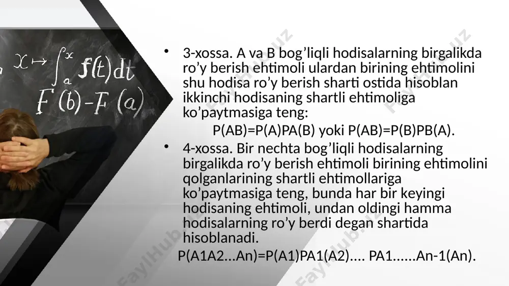 abar tomonidan ishlab chiqqan. laplas bayes ehtimoli rivojlanishi uchun javobgar bo'lgan matematik sifatida tan olingan. this presentation uses a free template provided by fppt.com www.free-power-point-templates.com bayes teoremasi uchun formulani yozishning bir necha xil usullari mavjud. eng keng tarqalgan shakli: p (a-b) = p (b-a) p (a) / p (b) bu erda a va b ikkita hodisa va p (b) ≠ 0 p (a-b) - bu b haqiqat ekanligini hisobga olsak, a hodisaning sodir bo'lishining shartli ehtimoli. p (b-a) - bu a haqiqat ekanligini hisobga olgan holda b hodisasining sodir bo'lishining shartli ehtimoli. p (a) va p (b) - bu a va b ning bir-biridan mustaqil ravishda yuzaga kelish ehtimoli (marginal ehtimollik). this presentation uses a free template provided by fppt.com www.free-power-point-templates.com misol siz pichan bezgagi bo'lsa, odamning romatoid artrit bilan kasallanish ehtimolini topishni xohlashingiz mumkin. ushbu misolda "pichan bezgagi" bu romatoid artrit uchun sinovdir (hodisa). a "bemorda romatoid artrit bor". …