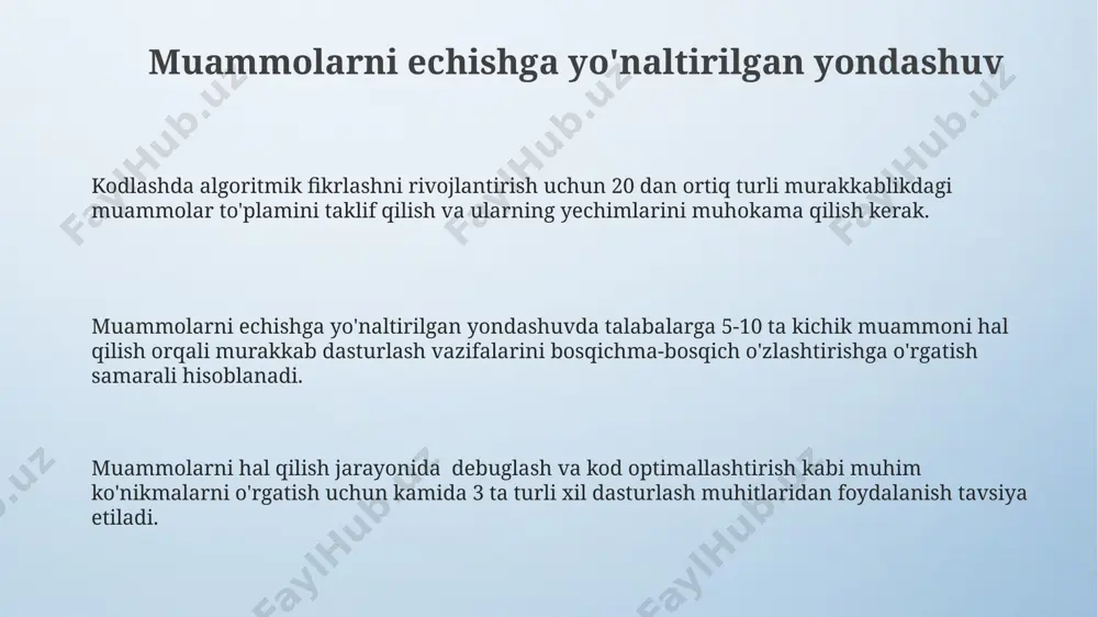 ehtiyojlarini qondirish har bir talaba uchun 10 ta individual vazifani tayyorlash va ularning bajarilishini muntazam kuzatib borish, talabaning qiyinchiliklarini aniqlash va kerakli qo'llab-quvvatlashni ta'minlash imkonini beradi. individual o'rganish uslublarini aniqlash uchun, masalan, vak-modeli (vizual, auditoriy, kinestetik) yordamida 5 ta turli xil topshiriqlarni berish va natijalarga asoslanib, individual yondashuvni qo'llash samarali. talabalarning dasturlashdagi oldingi bilimlarini baholash orqali, 3 ta guruhga bo'lish va har bir guruh uchun moslashtirilgan o'quv rejasini ishlab chiqish mumkin. amaliy mashg'ulotlar va loyihalar amaliy mashg'ulotlar davomida talabalar 5-7 ta kichik dasturlash vazifalarini mustaqil bajarish orqali algoritmik fikrlashni rivojlantiradilar va kodlash texnikalarini mustahkamlaydilar. har bir loyiha kamida 3 ta funksiya yoki sinflarni o'z ichiga olib, dasturlash tilining 70% dan ortiq elementlarini qo'llashni talab qiladi. loyihalarni bajarish jarayonida 2-3 nafar talabadan iborat guruhlarda ishlash, muloqot ko'nikmalarini oshirish va jamoaviy dasturlash tajribasini ta'minlaydi. o'qitish samaradorligini oshirish kichik guruhlarda (3-5 nafar o'quvchi) ishlash va bir-birlariga yordam berish imkoniyati o'quv jarayonini 20% ga …