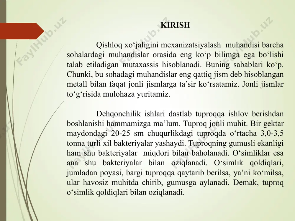 sh; - qishloq xo‘jaligi va melioratsiya ishlarini mexanizatsiyalash sohasidagi texnikalarni butlash, ishga tayyorlash, sozlash va rostlash; 5430100–qishloq xo‘jaligini mexanizatsiyalashtirish ta’lim yo‘nalishi bo‘yicha bakalavrlar kasbiy faoliyati quyidagilarni qamrab oladi: - qishloq xo‘jaligi ishlab chiqarishini mexanizatsiyalashda qo‘llaniladigan texnik uskunalarni ta’mirlash va ekspluatatsiya qilish; - fermer xo‘jaliklari va boshqa turdagi qishloq xo‘jaligi obyektlari uchun mexanizatsiyalash texnikalarni tanlash va sotib olishda konsalting xizmatlarini ko‘rsatish; - qishloq xo‘jaligi va melioratsiya ishlarini mexanizatsiyalash texnikalaridan samarali foydalanishga oid eksperimental tadqiqotlar o‘tkazish; - qishloq xo‘jaligini mexanizatsiyalashda resurstejamkor texnologiya va texnika vositalaridan foydalanishni rivojlantirish; 5430100 - qishloq xo‘jaligini mexanizatsiyalashtirish ta’lim yo‘nalishi bo‘yicha bakalavrlar kasbiy faoliyatlarining turlari: ishlab-chiqarish va tashkiliy boshqaruv; ekspluatatsiya va texnik servis; ilmiy-tadqiqot va loyihalash-konstruktorlik; qishloq xo‘jaligi mexanizatsiyalash texnikalari bilan agrotexnika talablarini bajarishdaxo‘jalikning mahalliy iqlim-tuproq sharoitlarini o‘rgangan bo‘lishi va ularga mos ravishda agregatlar tanlash va ishni sifatli bajara olish qobiliyatiga ega bo‘lishi kerak; mashina-traktor agregatlarini tuzish, rostlash, sozlash, ta’mirlash, texnik xizmat ko‘rsatish, ekspluatatsiya jarayonini to‘g‘ri tashkillashtirish va …